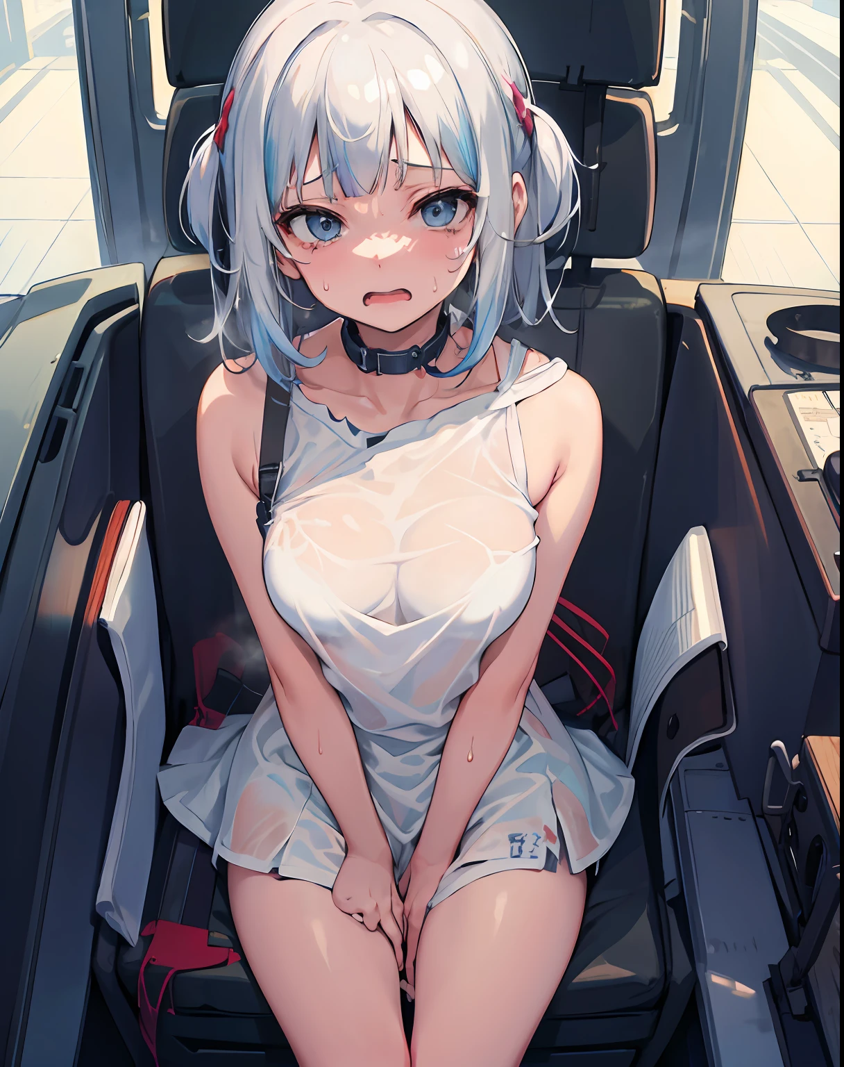 riding machine, 1girl, solo, breasts, sweat, tears,trembling, steaming body, shirt