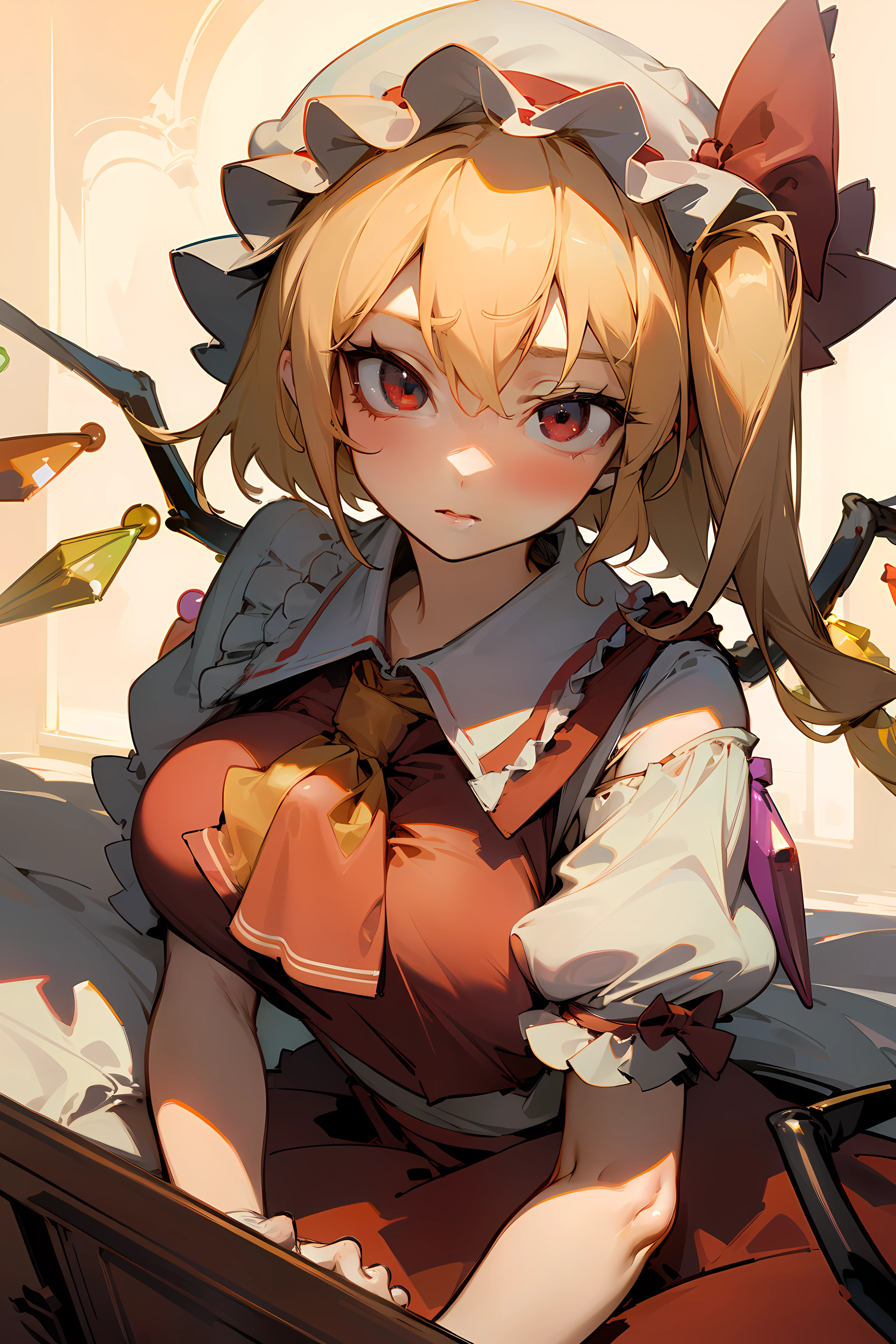 (masterpiece),best quality, expressive eyes, perfect face, 1girl,
big breast, H-cup, good breast, beautiful, gorgeous ,large breast, laying down breast facing ground,flandre scarlet,
1girl,blonde hair,mob cap,hair bow,bowtie,side ponytail,wings,short sleeves,vest,ascot