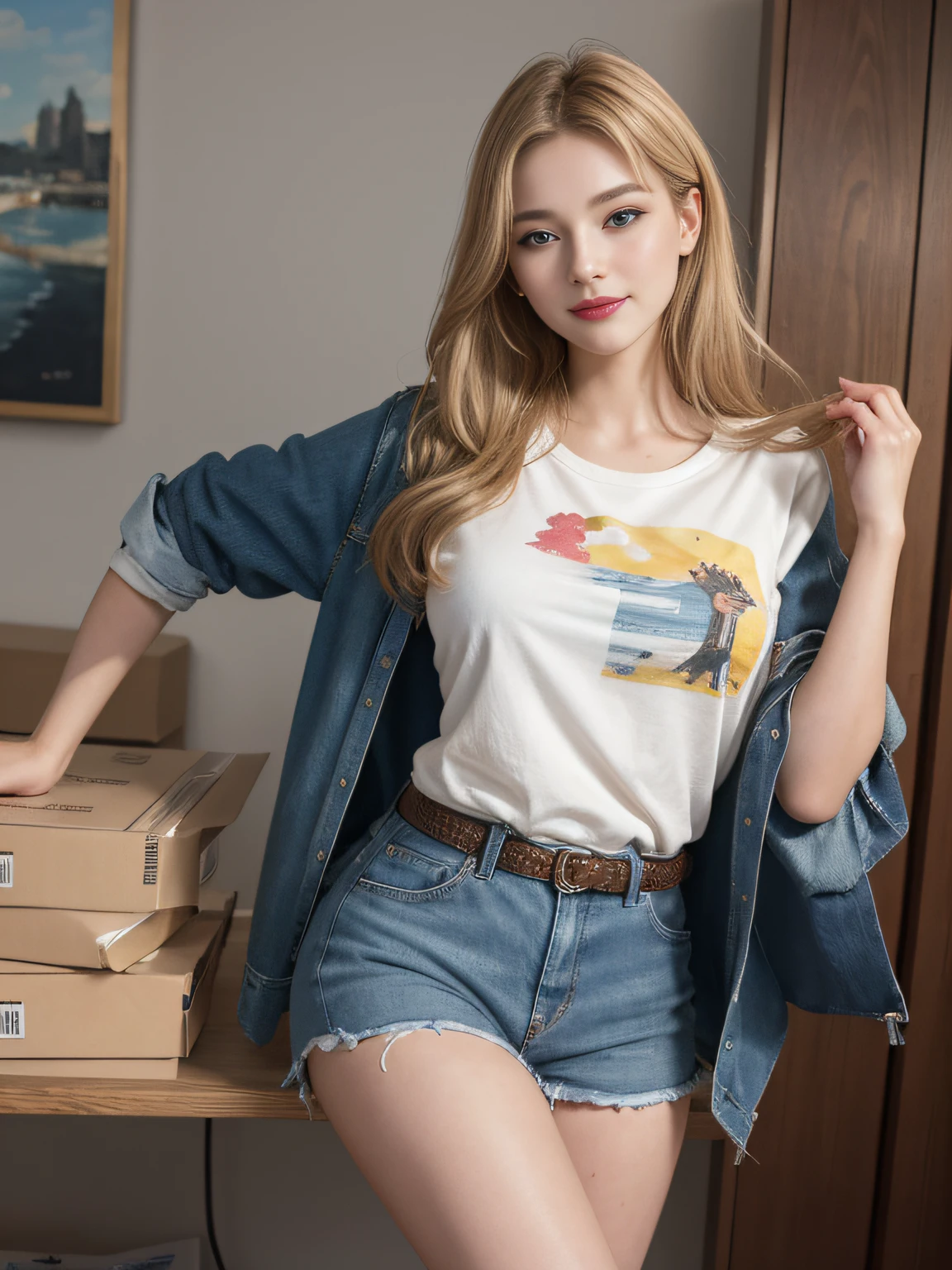 A magnificent sculpture in the post office, with the best picture quality and high resolution, featuring a beautiful 26-year-old Russian girl. The details are portrayed exquisitely, with her stunning blue double-eyelids eyes, eyes that seem to smile, yellow hair, beautiful skin, and an incredibly sharp and realistic image (reality: 1.4). Her face appears slightly younger, and her skin is smooth and slender, giving a sense of hyperrealism and illustration, sunshine smile, Her smiling eyes shine brightly like glistening rays of sun.. The artwork is presented in high resolution (16K), providing the most beautiful and impressive details, especially in the meticulously drawn eyes.

In the painting, she is depicted holding some cardboard boxes, standing at a post office. The bright and professional lighting highlights her long blonde hair. She wears a yellow T-shirt and combat jeans. The setting is a post office with several carefully arranged parcels.

Pose: She is described as smiling and looking straight ahead. The portrait is highly detailed, emphasizing her facial features and exquisite characteristics.

This artwork is a true masterpiece, combining artistic talent and ultra-high resolution to create a captivating and attractive painting that mesmerizes the viewers.