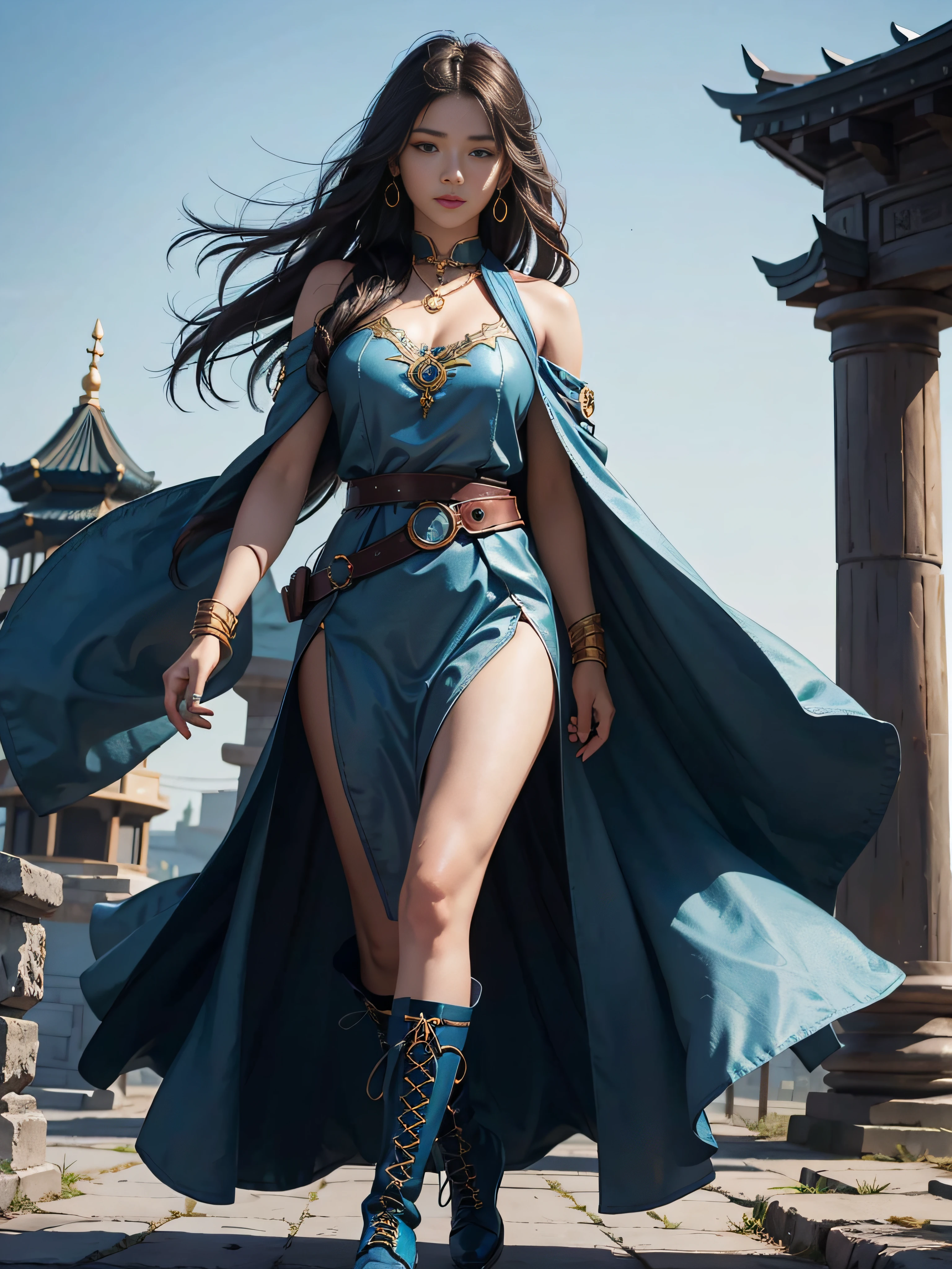 tmasterpiece,best qualityer,hyper-detailing,illustratio,Fine and detailed eyes and detailed face,Expose shoes,full bodyesbian,Blue combat boots,is a beautiful and mysterious giant。She has a toned body,The muscles are well defined,At the same time, It does not lose its femininity。Her hair is dark blue,Naturally hangs over the shoulders,Gently trembling with her movements。Ares' eyes are bright turquoise,Shines with wisdom and strength。 Ares' skin has a natural wheat color,golden colored,Light sunlight。Her cheeks flushed slightly,It gives a warm feeling。Her eyebrows are slender and soft,It's like a crescent moon,Replenish the bridge of the nose,Make her facial features more three-dimensional。Her lips are full,The color is like a sweet cherry,Slightly upturned,Always with a smile。 Ares' costume is a unique warrior suit,Made of dark blue cloth,Shimmering with a mysterious sheen。The top fits snugly against the body,Show off her toned curves,A wide belt is tied around the waist,It is set with exquisite gemstones。Her dress has an elegant wavy hem,Swing her steps gracefully。In the legs,She wore a pair of blue combat boots,Lightweight and strong。 Ares wears a blue cloak over his shoulders,Blowing in the wind,Make her look taller and more powerful。Her hands are wearing blue metal gloves,It is engraved with ancient mysterious runes。She wears a blue gemstone necklace around her neck,Echoes the gemstones on the belt,Highlight her noble status。