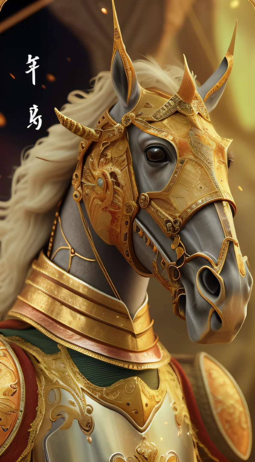 There was a horse with a helmet and armor with a sword, horse warrior, golden and copper shining armor, anthropomorphic horse, Cute cute horse,, Intricate details 8 K, the golden cat armor knight, zhao yun, sleipnir, 8K high quality detailed art