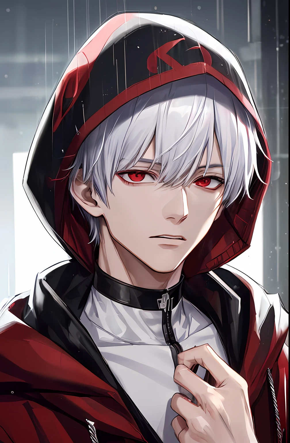 kk, best quality, more details, masterpiece, 1boy, kaneki ken, portrait, male focus, red eyes, solo, bangs, looking at viewer, hood, short hair, rain, tokyo tokyo \(city\),  hood up, nail polish, white hair, luxurious, 8k, detailed, ray tracing, depth of field, cinematic lighting,