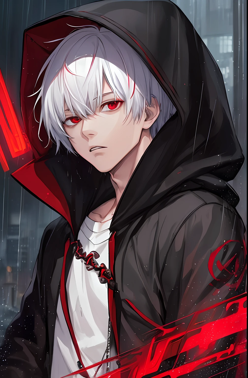 kk, best quality, more details, masterpiece, 1boy, kaneki ken, portrait, male focus, red eyes, solo, bangs, looking at viewer, hood, short hair, rain, tokyo tokyo \(city\), hood up, nail polish, white hair, luxurious, 8k, detailed, ray tracing, depth of field, cinematic lighting,