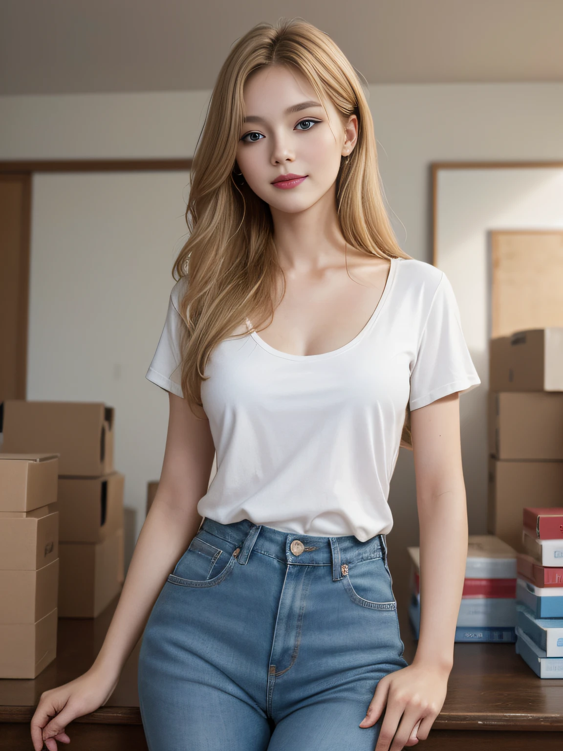 A magnificent sculpture in the post office, with the best picture quality and high resolution, featuring a beautiful 26-year-old Russian girl. The details are portrayed exquisitely, with her stunning blue double-eyelids eyes, eyes that seem to smile, yellow hair, beautiful skin, and an incredibly sharp and realistic image (reality: 1.4). Her face appears slightly younger, and her skin is smooth and slender, giving a sense of hyperrealism and illustration, sunshine smile, Her smiling eyes shine brightly like glistening rays of sun.. The artwork is presented in high resolution (16K), providing the most beautiful and impressive details, especially in the meticulously drawn eyes.
In the painting, she is depicted holding some cardboard boxes, standing at a post office. The bright and professional lighting highlights her long blonde hair. She wears a yellow T-shirt and combat jeans. The setting is a post office with several carefully arranged parcels.
Pose: She is described as smiling and looking straight ahead. The portrait is highly detailed, emphasizing her facial features and exquisite characteristics.
This artwork is a true masterpiece, combining artistic talent and ultra-high resolution to create a captivating and attractive painting that mesmerizes the viewers.