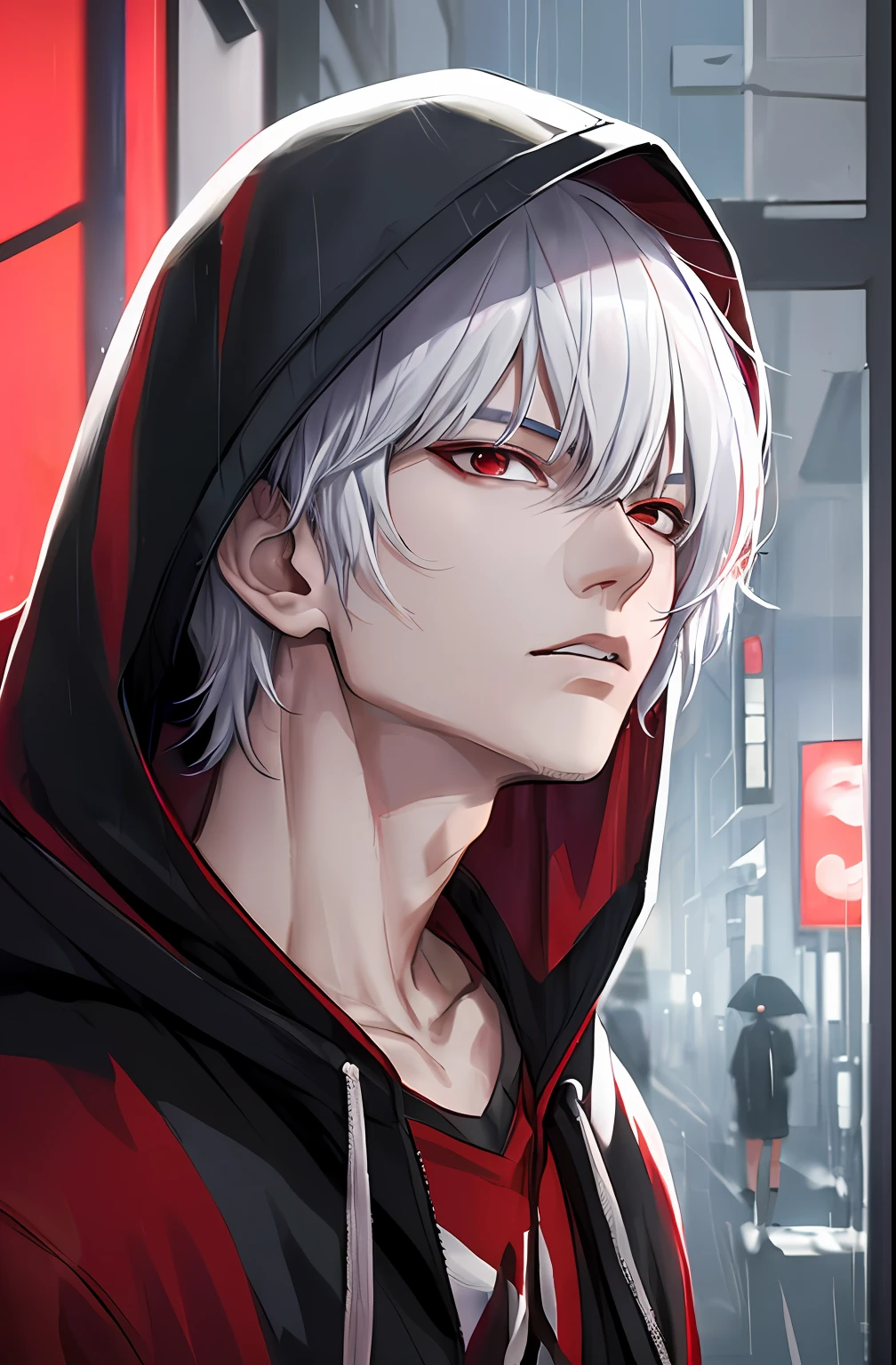 kk, best quality, more details, masterpiece, 1boy, kaneki ken, portrait, male focus, red eyes, solo, bangs, looking at viewer, hood, short hair, rain, tokyo tokyo \(city\),  hood up, nail polish, white hair, luxurious, 8k, detailed, ray tracing, depth of field, cinematic lighting,