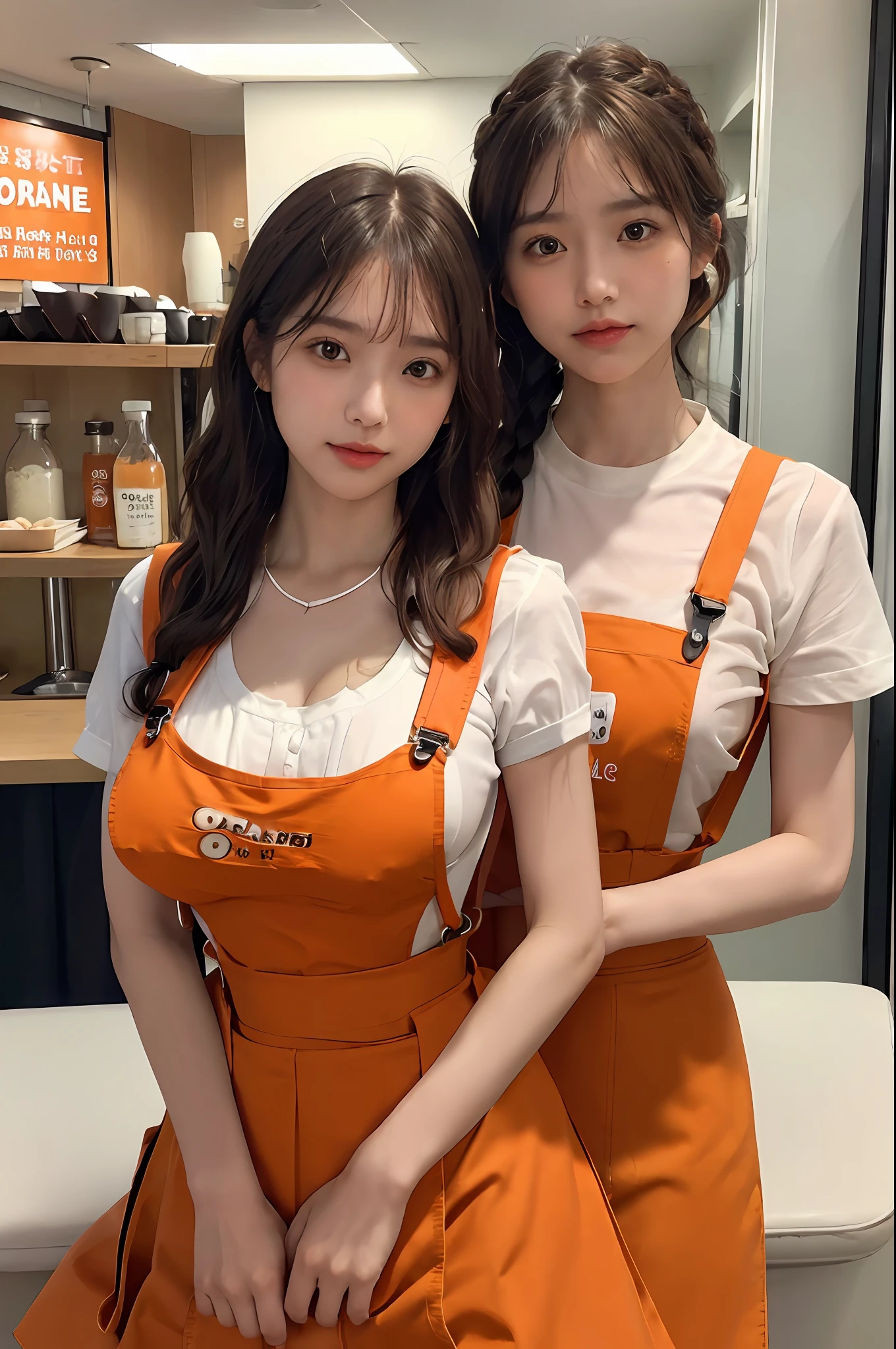 (frombelow:1.4)、((1girl in)),Light Brown Fringe Hair、Braided hair、disheveled hair、Light brown eyes、(dignified expression)、(爆乳:1.4)、Emphasize the valley、fittingroom、(Photorealsitic)、(intricate detailes:1.2)、(masterpiece、:1.3)、(top-quality:1.4)、(超A high resolution:1.2)、超A high resolution、(A detailed eye)、(detailed facial features)、(breast hold:1.4)、(Orange Family Restaurant Uniform:1.2), (Orange Suspenders Skirt:1.4),(Orange Apron:1.2), (double-breasted,Underbust:1.2), (Orange high-waisted skirt:1.3), (Apron over orange skirt:1.3), (White shirt:1.2), buttonGap,Short sleeves, nametag,