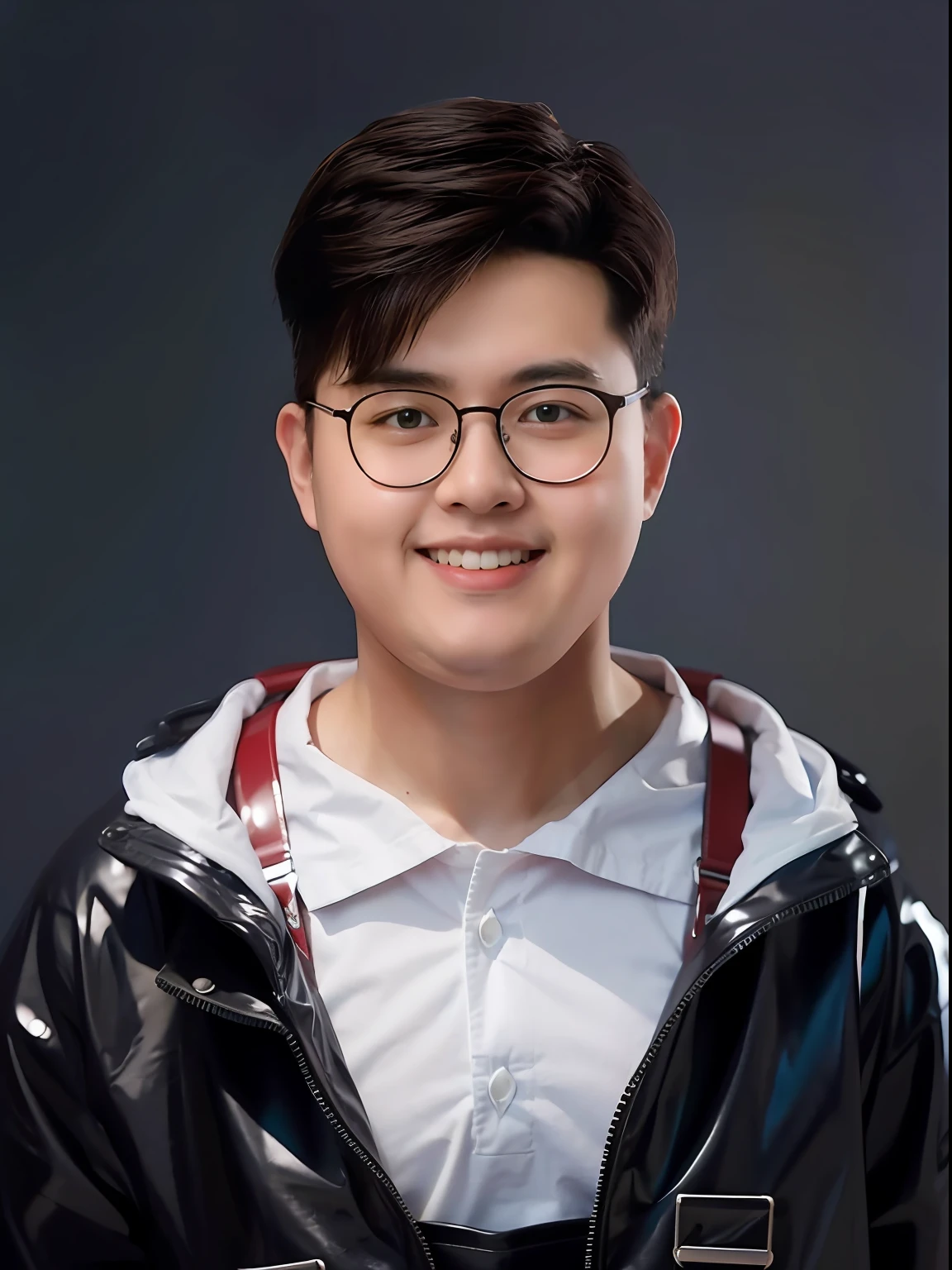 A Chinese male high school student,Wearing PVC suspender overalls,