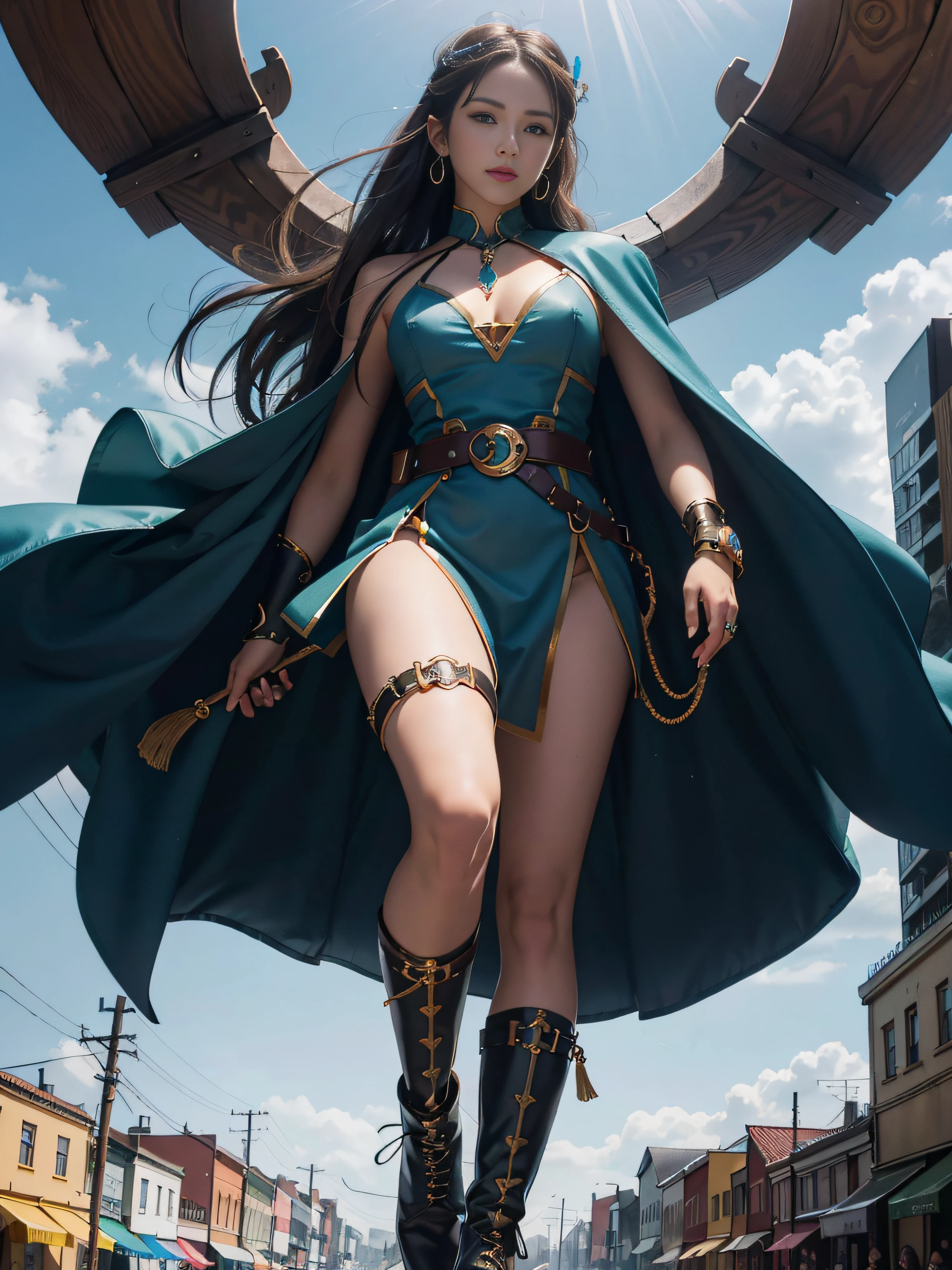 tmasterpiece，best qualityer，hyper-detailing，illustratio，Fine and detailed eyes and detailed face，Expose shoes，full bodyesbian，Blue combat boots，is a beautiful and mysterious giant。She has a toned body，The muscles are well defined，At the same time, It does not lose its femininity。Her hair is dark blue，Naturally hangs over the shoulders，Gently trembling with her movements。Ares' eyes are bright turquoise，Shines with wisdom and strength。 Ares' skin has a natural wheat color，golden colored，Light sunlight。Her cheeks flushed slightly，It gives a warm feeling。Her eyebrows are slender and soft，It's like a crescent moon，Replenish the bridge of the nose，Make her facial features more three-dimensional。Her lips are full，The color is like a sweet cherry，Slightly upturned，Always with a smile。 Ares' costume is a unique warrior suit，Made of dark blue cloth，Shimmering with a mysterious sheen。The top fits snugly against the body，Show off her toned curves，A wide belt is tied around the waist，It is set with exquisite gemstones。Her dress has an elegant wavy hem，Swing her steps gracefully。In the legs，She wore a pair of blue combat boots，Lightweight and strong。 Ares wears a blue cloak over his shoulders，Blowing in the wind，Make her look taller and more powerful。Her hands are wearing blue metal gloves，It is engraved with ancient mysterious runes。She wears a blue gemstone necklace around her neck，Echoes the gemstones on the belt，Highlight her noble status。