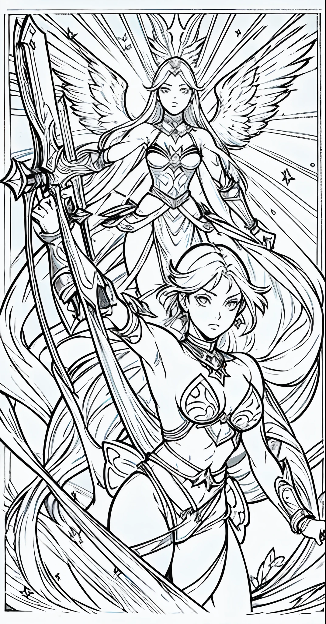 [bikini armor] +[Big-breasted angel warrior woman]+ [Transparent background] + [monochrome，Tough, Ultra-fine lines, Detailed outline] + Graphics engine Leonardo diffusion, Rendering engine Leonardo style, Hint Magic v2,  full bodyesbian，Doji star pattern，butterflys