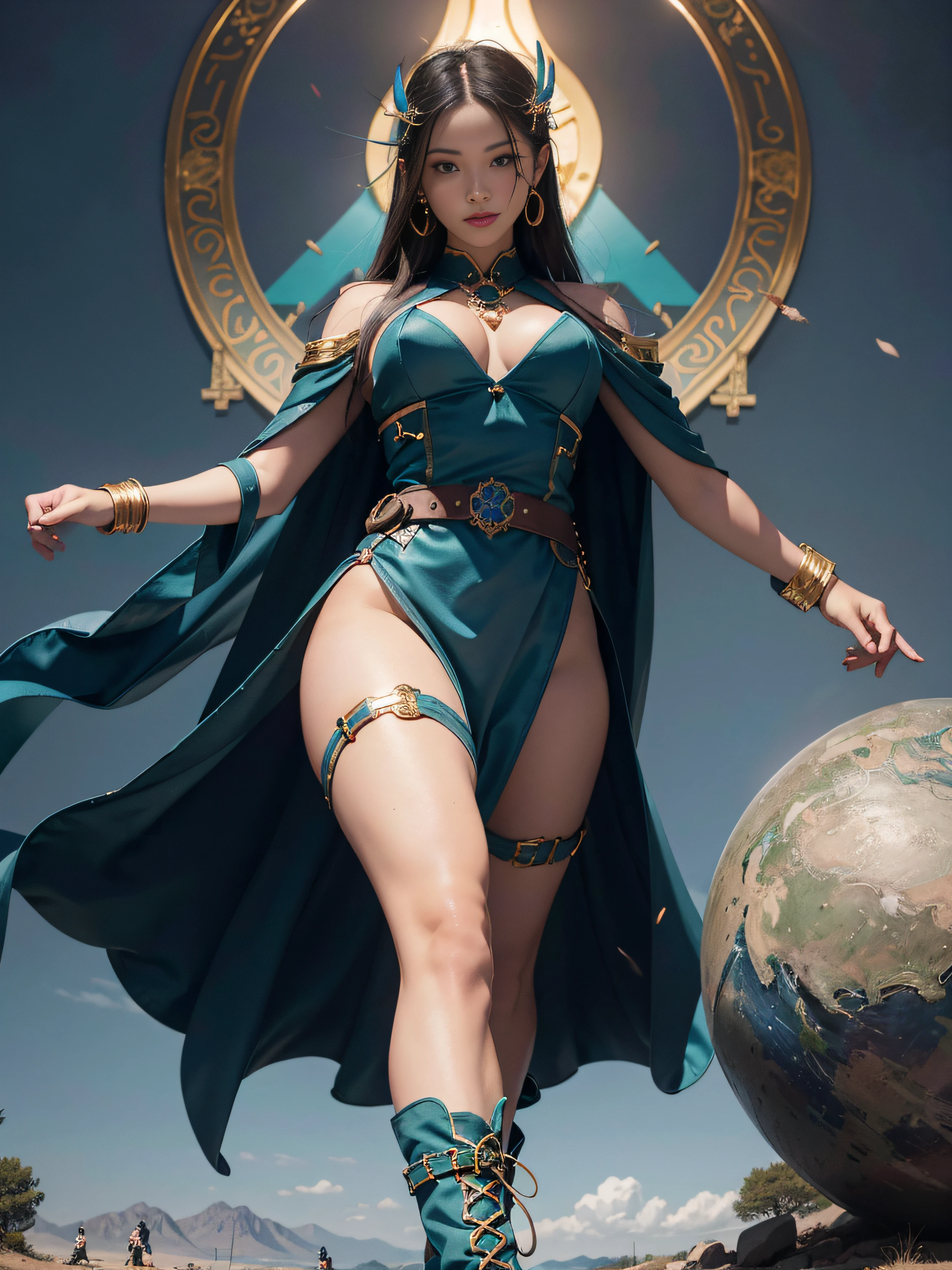 tmasterpiece,best qualityer,hyper-detailing,illustratio,Fine and detailed eyes and detailed face,Expose shoes,full bodyesbian,Blue combat boots,is a beautiful and mysterious giant。She has a toned body,The muscles are well defined,At the same time, It does not lose its femininity。Her hair is dark blue,Naturally hangs over the shoulders,Gently trembling with her movements。Ares' eyes are bright turquoise,Shines with wisdom and strength。 Ares' skin has a natural wheat color,golden colored,Light sunlight。Her cheeks flushed slightly,It gives a warm feeling。Her eyebrows are slender and soft,It's like a crescent moon,Replenish the bridge of the nose,Make her facial features more three-dimensional。Her lips are full,The color is like a sweet cherry,Slightly upturned,Always with a smile。 Ares' costume is a unique warrior suit,Made of dark blue cloth,Shimmering with a mysterious sheen。The top fits snugly against the body,Show off her toned curves,A wide belt is tied around the waist,It is set with exquisite gemstones。Her dress has an elegant wavy hem,Swing her steps gracefully。In the legs,She wore a pair of blue combat boots,Lightweight and strong。 Ares wears a blue cloak over his shoulders,Blowing in the wind,Make her look taller and more powerful。Her hands are wearing blue metal gloves,It is engraved with ancient mysterious runes。She wears a blue gemstone necklace around her neck,Echoes the gemstones on the belt,Highlight her noble status。