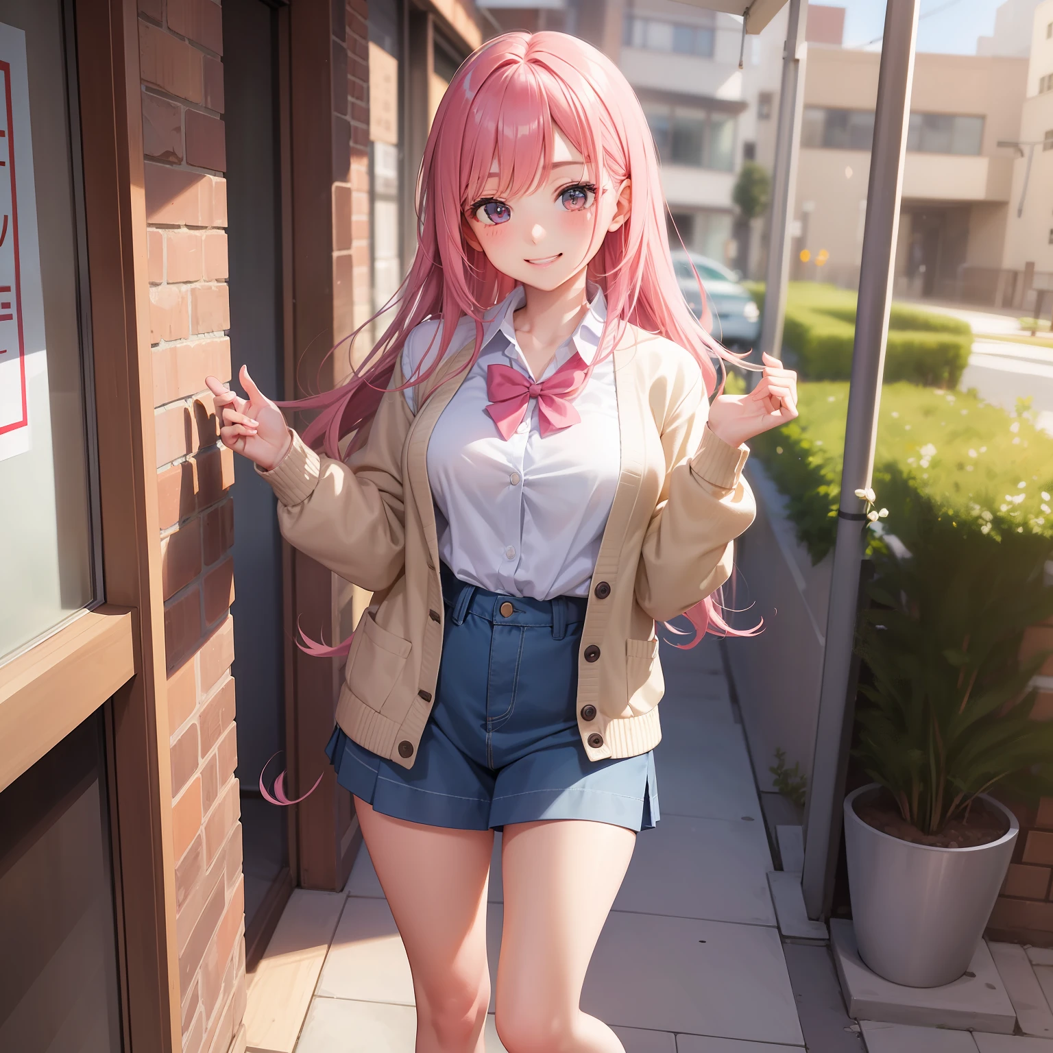 校服　cardigan　blazers　Loose Socks　１５Year old girl　a smile　beautiful a girl　a beauty girl　top-quality　​masterpiece　超A high resolution　Long　Pink hair