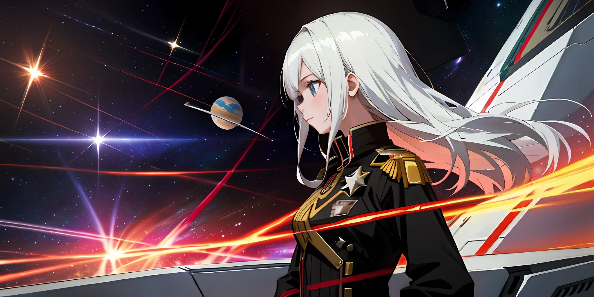 Girl standing on a space command ship，A slight smil，Space in the distance is still fighting，A nearby exploding star gradually collapsed into a black hole。Maiden Governor，White-haired girl，long whitr hair，portrait of teenage girl，Dressed in the clothes of an imperial general, Black and gold stripes，Starship battlefield，Anime wallpaper 4K，anime wallpaper 8 K，Starskrim，realistic space，Simple，sci-fy，photorealestic