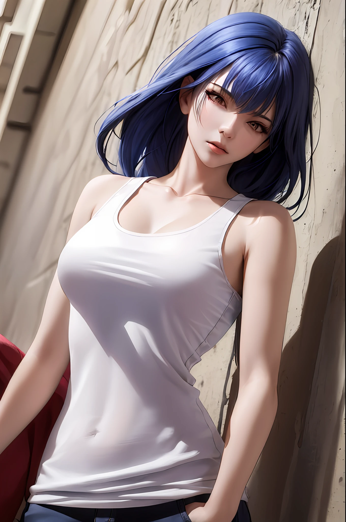 Highly detailed, High Quality, Masterpiece, beautiful, WrittenOnClothes, 1girl, solo, Raiden_Shogun_\(genshin impact\), Raiden_Shogun:1.2, blue hair, long hair, white tank top, tank top, skin tight,, mature female, tall female, adult, gorgeous body, half body shot, pretty angle,