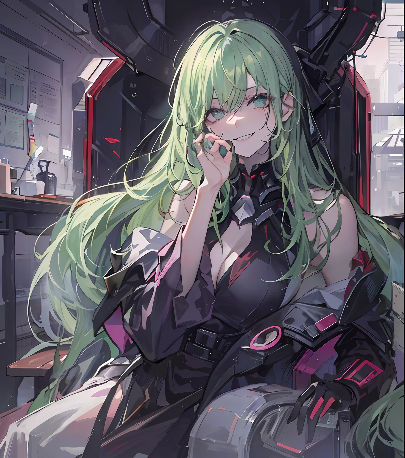 tmasterpiece，Best quality at best，Long pale green hair，Smoky eyes，Smiled maliciously，sit on chair，Technologie，villain，Sick，Maniac，