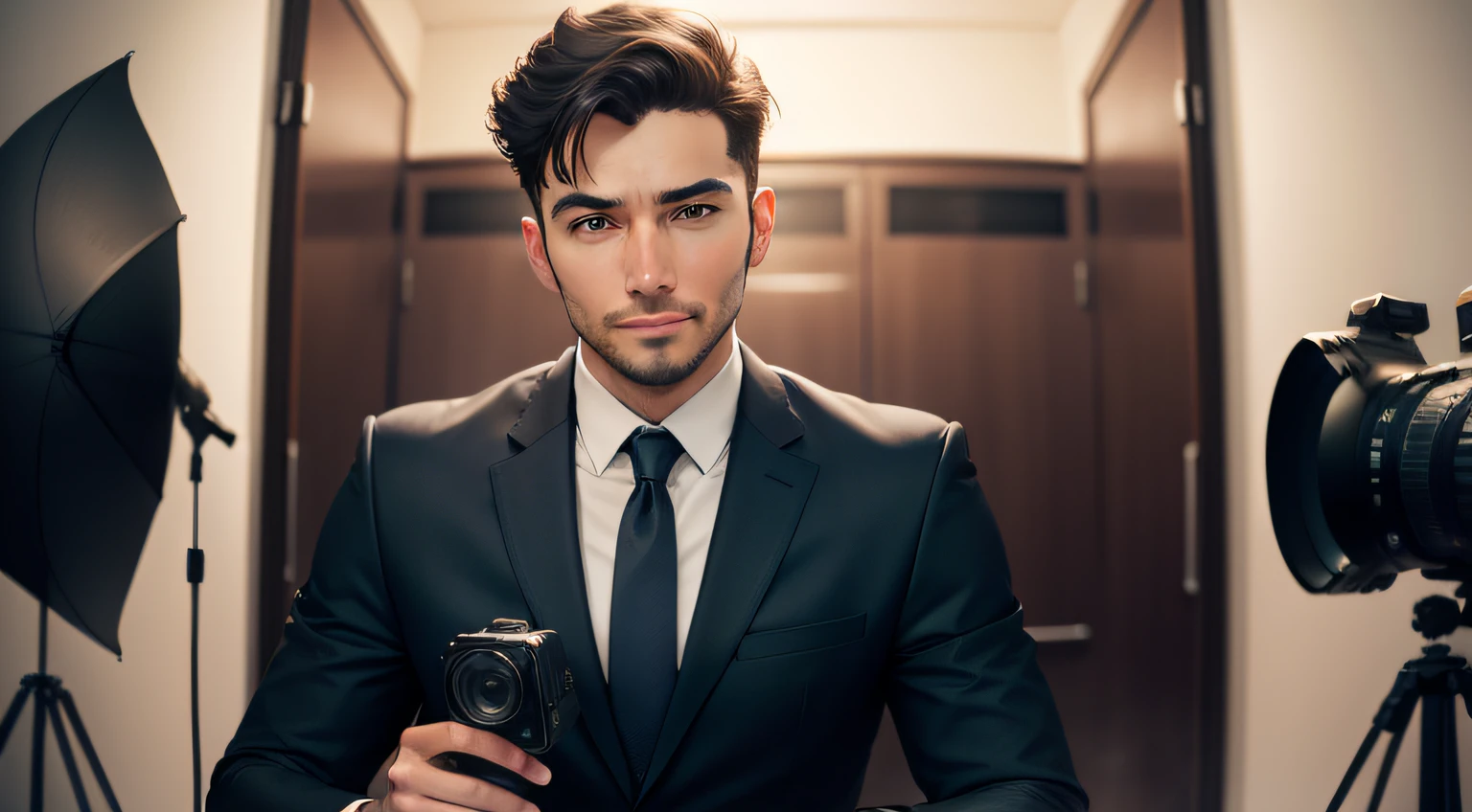 Successful man in front of a camera being recorded