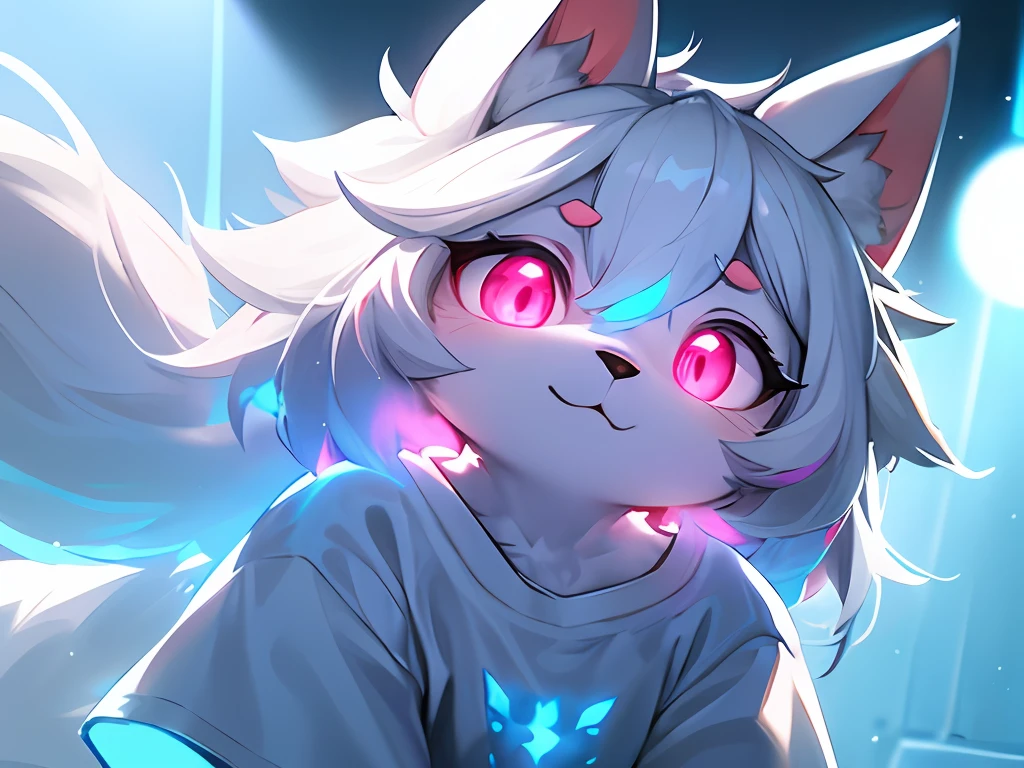 hairy pubic,White fur,hyper cute face,Light blue element on fur,Glowing pink eyes,White T-shirt,Beautiful lights and shadows,ambient lights,Ultra-fine fur,volumettic light
