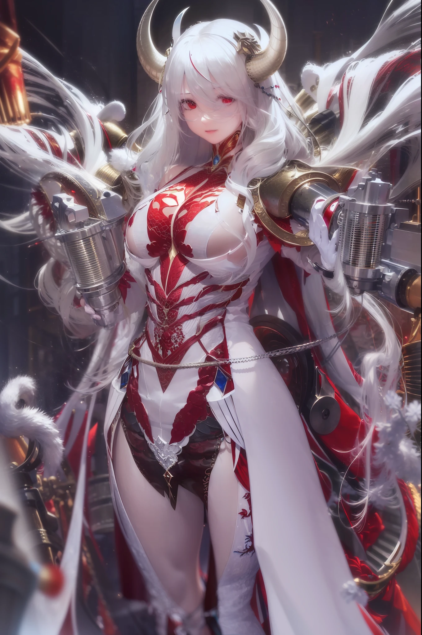 (((masterpiece))), (((best quality))), ((ultra-detailed)), (highly detailed CG illustration), ((an extremely delicate and beautiful)), cinematic light, nijilorahorn, (1girl), (2horns in the head), sharp horns, white silver hair, (medium hair), red eyes, glowing red eyes, best light, (pale white skin: 1.2), middlebreasts, big hips, pose frontal, corpo inteiro, aiming a gatling gun, giant glating gun, dinamismo, mechanical armor, mechanical joints, Blood Vessels Attached to Tubes, (Blood vessels and tubes attached to the Gatling Gun: 1.1), foco no personagem, science fiction, extreme detailed, colorful,highest detailed