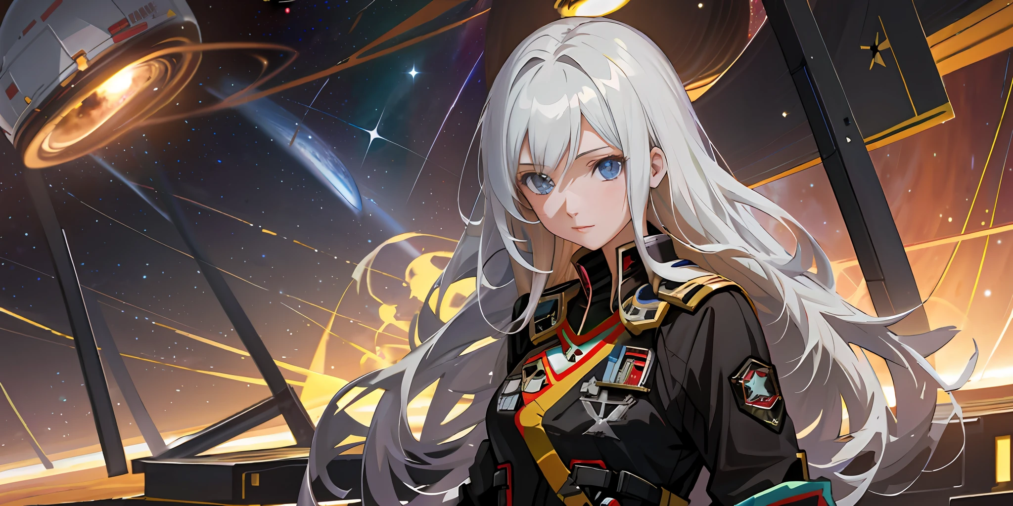 Girl standing on a space command ship,A slight smil,Space in the distance is still fighting,A nearby exploding star gradually collapsed into a black hole。Maiden Governor,White-haired girl,long whitr hair,portrait of age girl,Dressed in the clothes of an imperial general, Black and gold stripes,Starship battlefield,Anime wallpaper 4K,anime wallpaper 8 K,Starskrim,realistic space,Simple,sci-fy,photorealestic