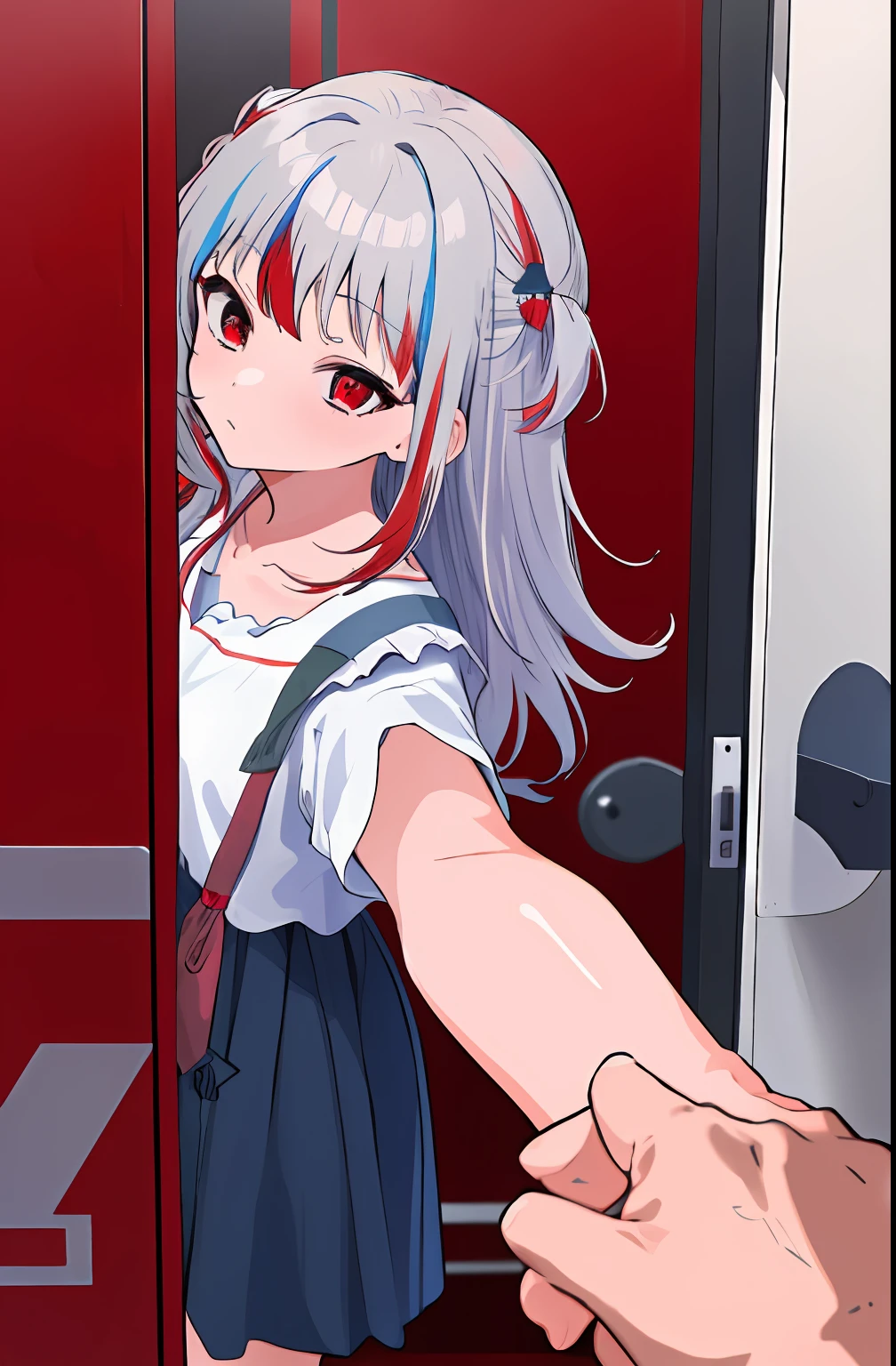 1girl and 1boy, kabedon pov, gura_red, eyes red, hair red,