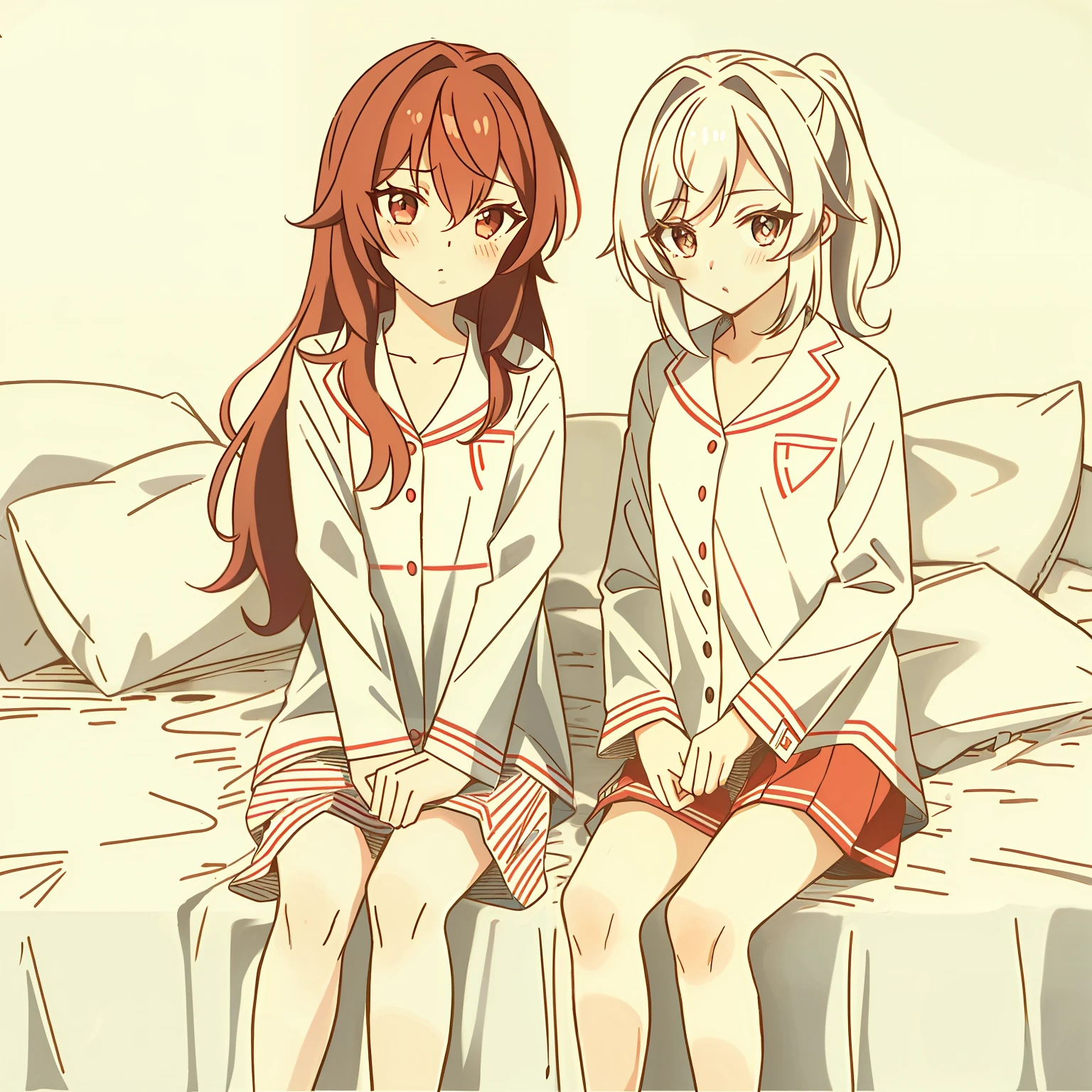 2 girls, Be red in the face, (vred:0.6), is shy, (tmasterpiece, best qualtiy:1.1), (sketching:1.1), Paper, Look at each other, The upper part of the body, Detailed eyes, pyjamas,onbed,2 girls, Be red in the face, (vred:0.6), is shy, (tmasterpiece, best qualtiy:1.1), (sketching:1.1), Paper, Look at each other, The upper part of the body, Detailed eyes, pyjamas,onbed,pillow head