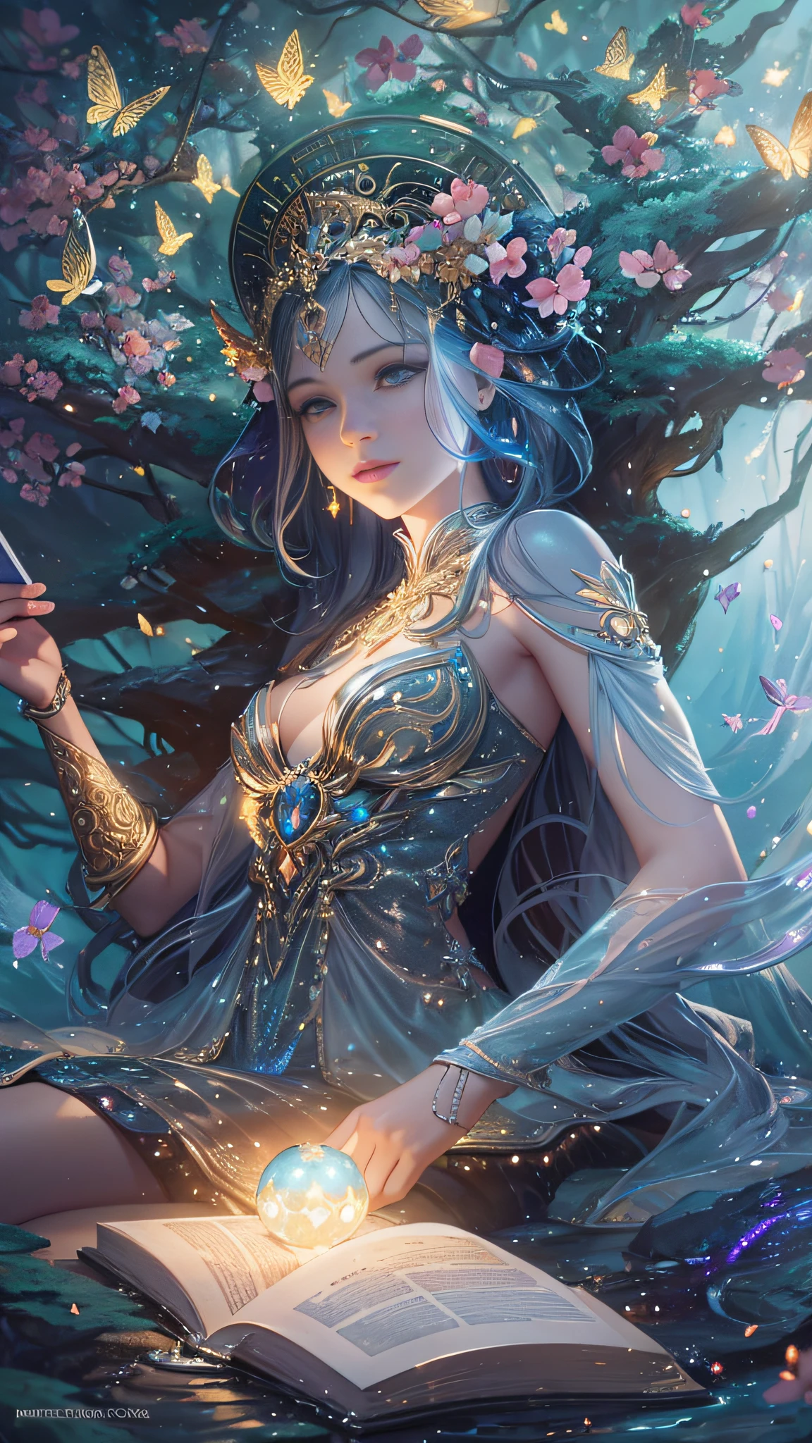 Goddess of the Moon perfect face, sitting on a rock in the forest, reading a magical book, with a stream flowing at her feet, with lit candles illuminating the whole stream, realistic face, flowers and butterflies, R.Giger, WLOP, Artgerm, abstract art, intricate watercolor painting, digital painting, explosion of colors, conceptual art, volumetric lighting, metallic reflections, swirls of glitter,  Deco glow, dripping liquid stars and galaxies, 3D render, 8k. Milkyway Galaxy, trend in artstation