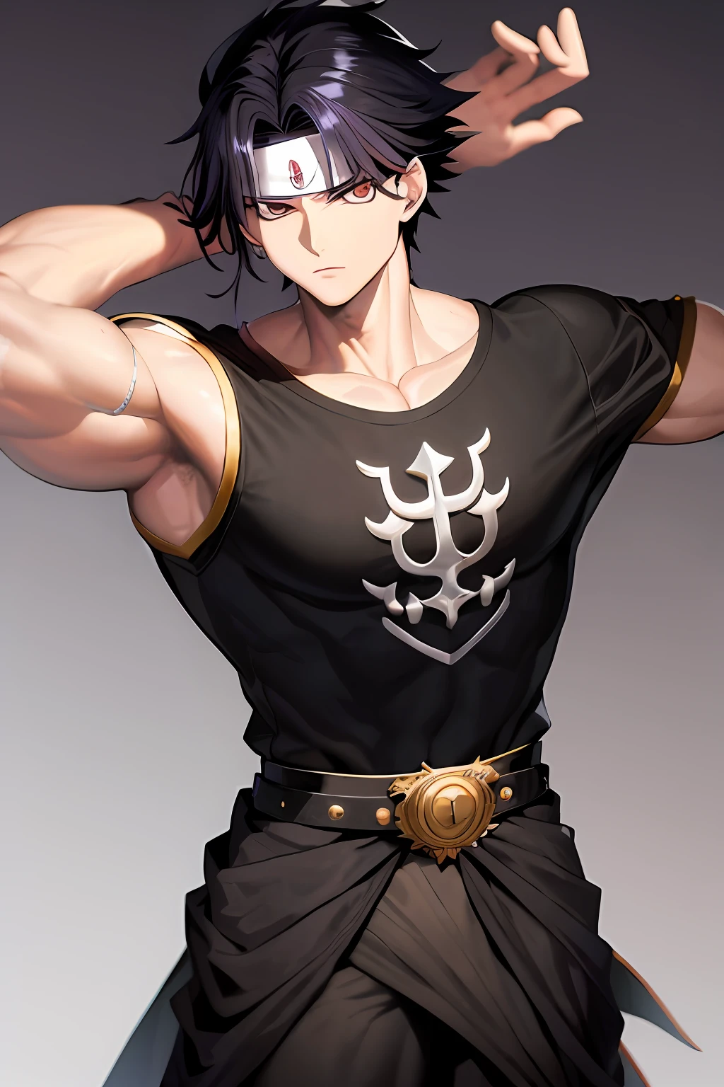 Chrollo Lucilfer, forte, com bandana, Manhwa stroke style, Homem adulto, de grande estatura, muscular appearance,sobretudo medieval negro, Camiseta medieval preta