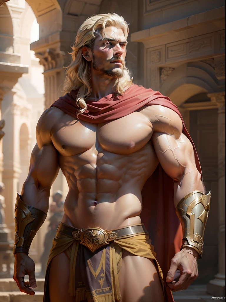 "The Insanely Handsome God Apolo, Realistic Digital Illustration, Type of Image: Ancient Hero, Art Style: Ancient Realism, Inspired by Historical Artists Alfonse Mucha, Michelangelo and Jean-Leon Gerome, Camera Shot: Heroic Pose, Camera Lens: 70mm, View: Front, Render: Octane Render, Lighting: Radiant Sunlight, Resolution: 8K, Highly Detailed, Color Type: Earthy Tones, Scene in an Ancient Greek Landscape, Depicting the Apolo-Type Character in His Muscular Glory, ((Art Station Ancient Hero Art, Ancient Realism)), (((Important: Convey the strength and heroism of the legendary God Apolo in ancient times))), insanely handsome man, most handsome man on Earth, very masculine, Please focus on intricate details and the play of light and shadows to create a powerful and emotive historical scene."