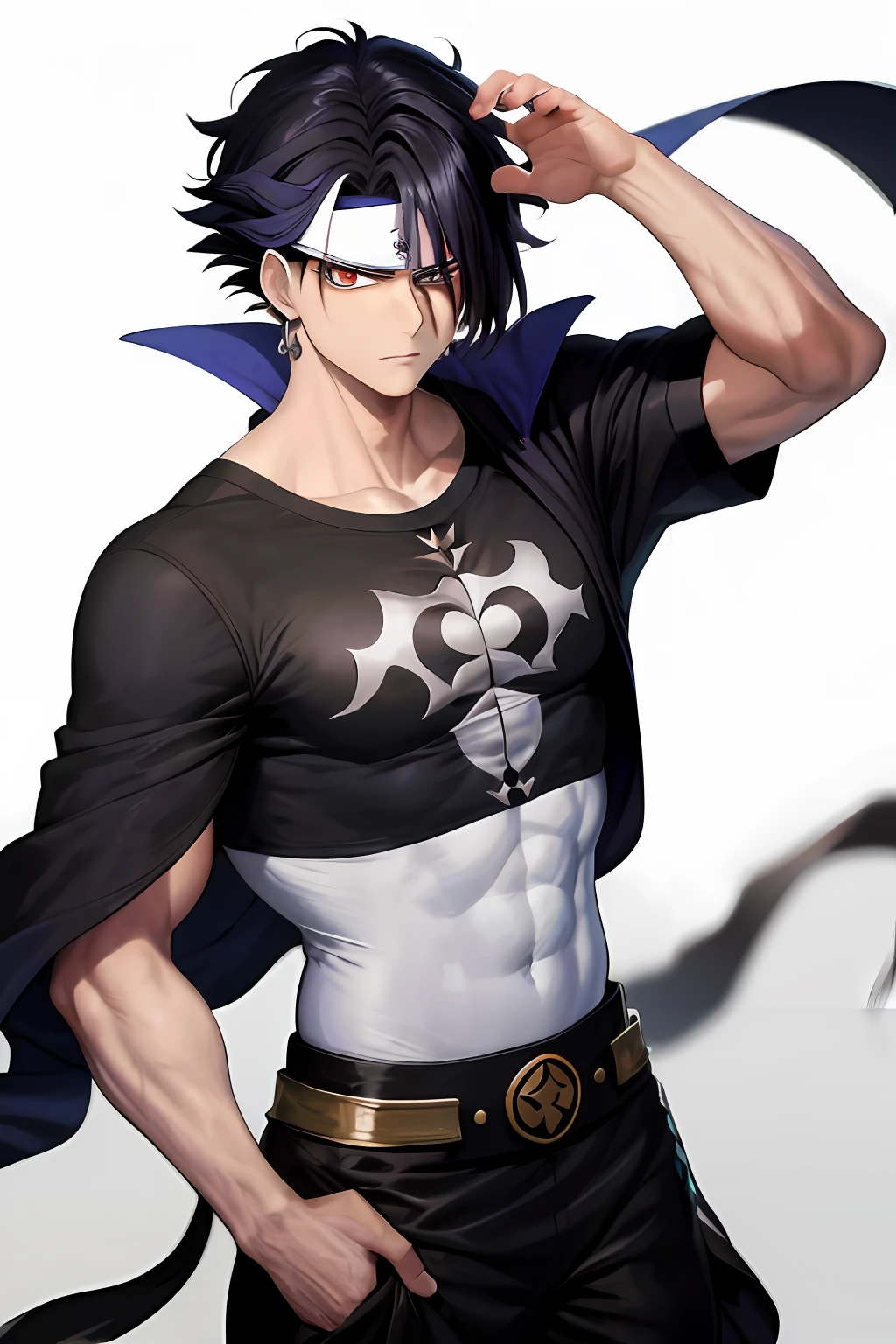 Chrollo Lucilfer, forte, com bandana, Manhwa stroke style, Homem adulto, de grande estatura, muscular appearance,sobretudo medieval negro, Camiseta medieval preta