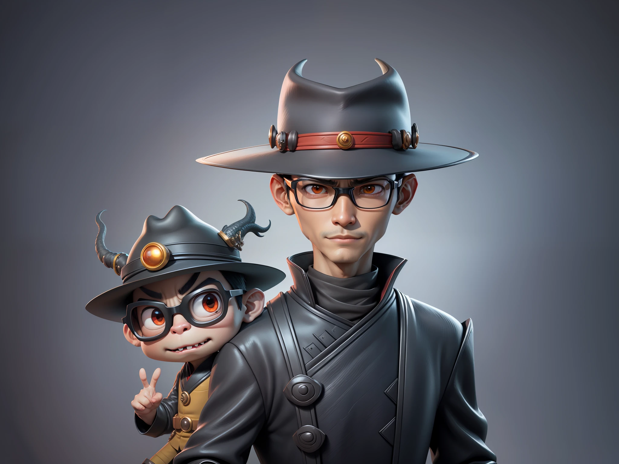 Young man with oriental face in leather hat, dragon, formal suit, short black hair, silver glasses, digital painting, 3D character design by Mark Clairedon and Pixar and Hayao Miyazaki and Akira Toriyama, the illustration is a high-definition illustration in 4K resolution with very detailed facial features and cartoon-style visuals.