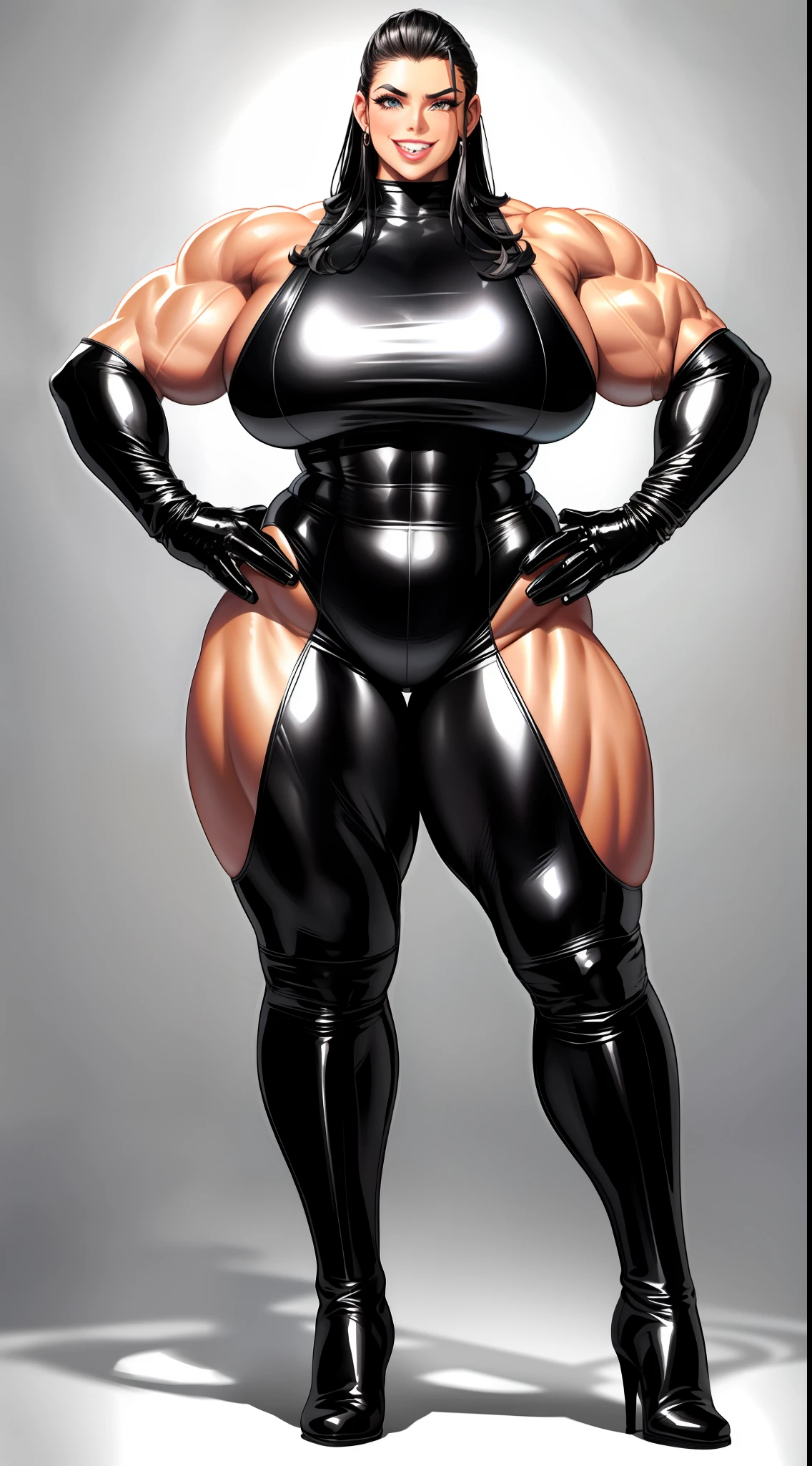 tmasterpiece,Burly woman,Exaggerated large muscles,Latex covers the whole body,Leather boots,latex glove, beautiful attractive face,smiling expression,Full body like, Single female,Very fair skin,Thin waist,Very broad shoulders, Strong and powerful arms,Stout arms,Strong and powerful leg muscles,thick calf,long leges,