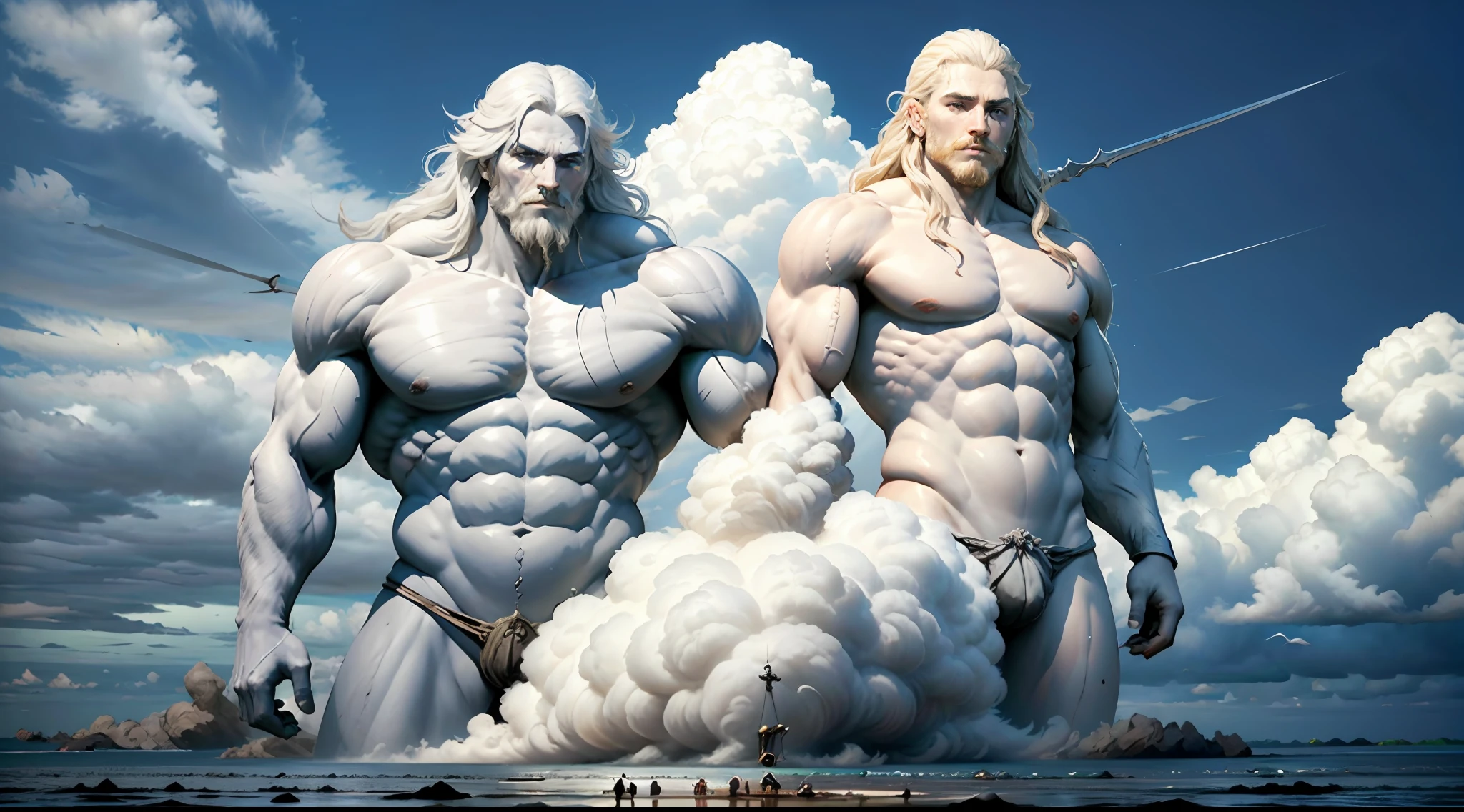 ((Melhor Qualidade)), ((Obra-prima)), (detalhada), representation of Zeus, deus dos deuses gregos, (mitologia: 1.2), (majestic appearance: 1.1), (Thor's spear in hand: 1.2), flowing beard and hair, muscular physique, usando uma coroa feita de conchas, (campo marinho: 1.1), (powerful presence: 1.2), (tempestade: 1.1), (aura divina: 1.1), (olhar de comando: 1.1), 8K RESOLUTION BLACK AND WHITE IMAGE