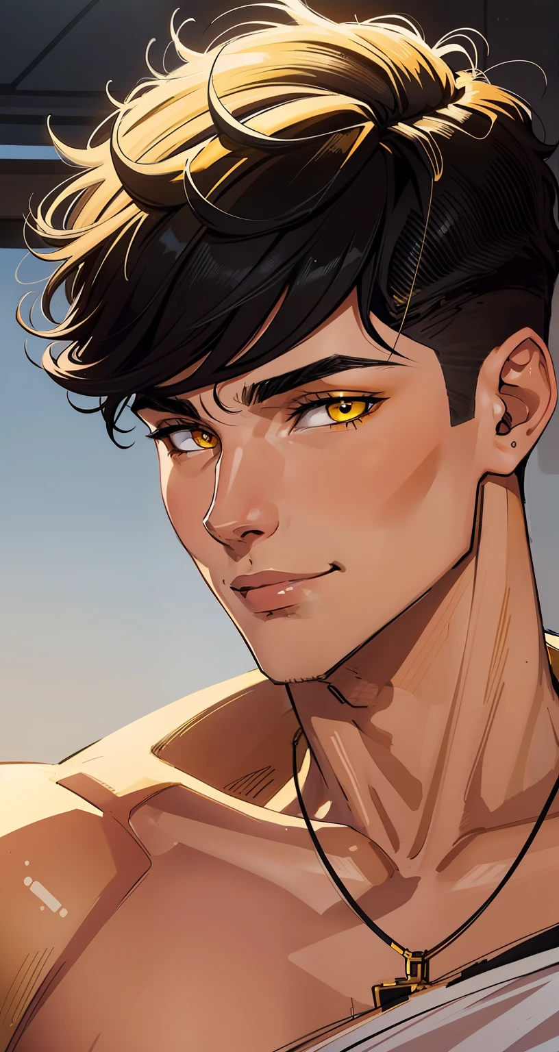 portraite of a. Guy 24 years old. Black hair is styled on one side and shaved on the other side. Haircut with thick bangs. Yellow eyes. suntanned skin. slight smile. black jacket