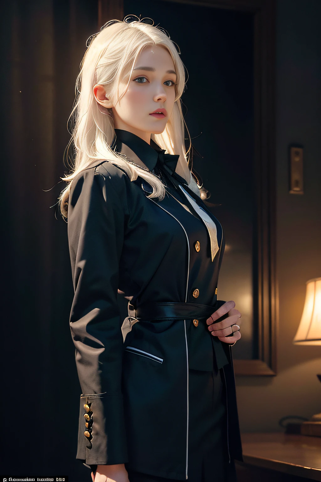 (In the Dark: 1.6), surreal female portrait by David Hockney and Alphonse Mucha, fantasy art, photorealism, dynamic lighting, artstation, poster, volumetric lighting, very detailed faces, 4k, Award Winning, 1girl, In Dark, Deep Shadow, Low Key, Cowboy Shot, (Stewardess Uniform: 1.4), Long Hair, White Hair, Bust, Terminal, Medium Boobs