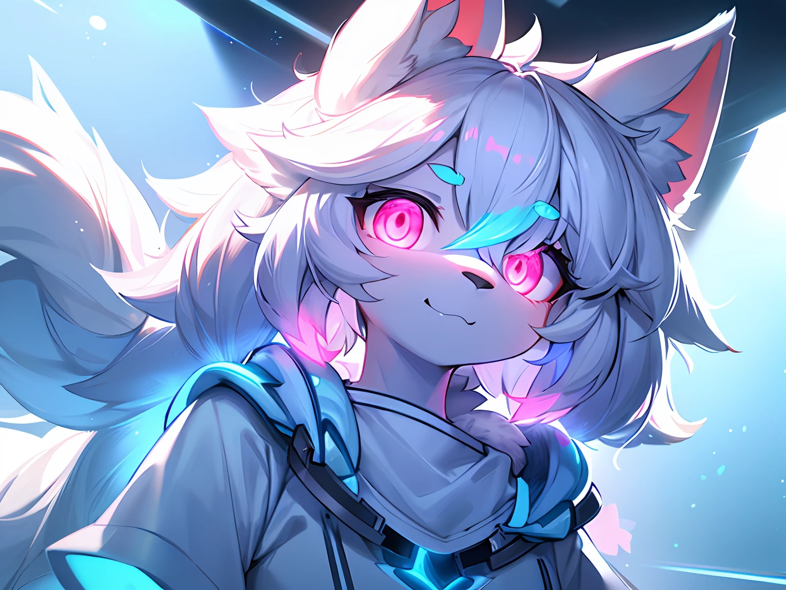 hairy pubic，White fur，hyper cute face，Light blue element on fur，Glowing pink eyes，White T-shirt，Beautiful lights and shadows，ambient lights，Ultra-fine fur，volumettic light，busts