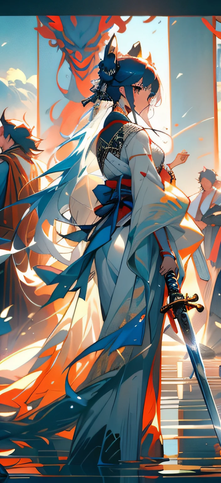 Anime girl holding a sword in front of a group of people, Flowing white robe, White Hanfu, by Yang J, Onmyoji detailed art, Full body martial arts style,Ahead are misty mountains