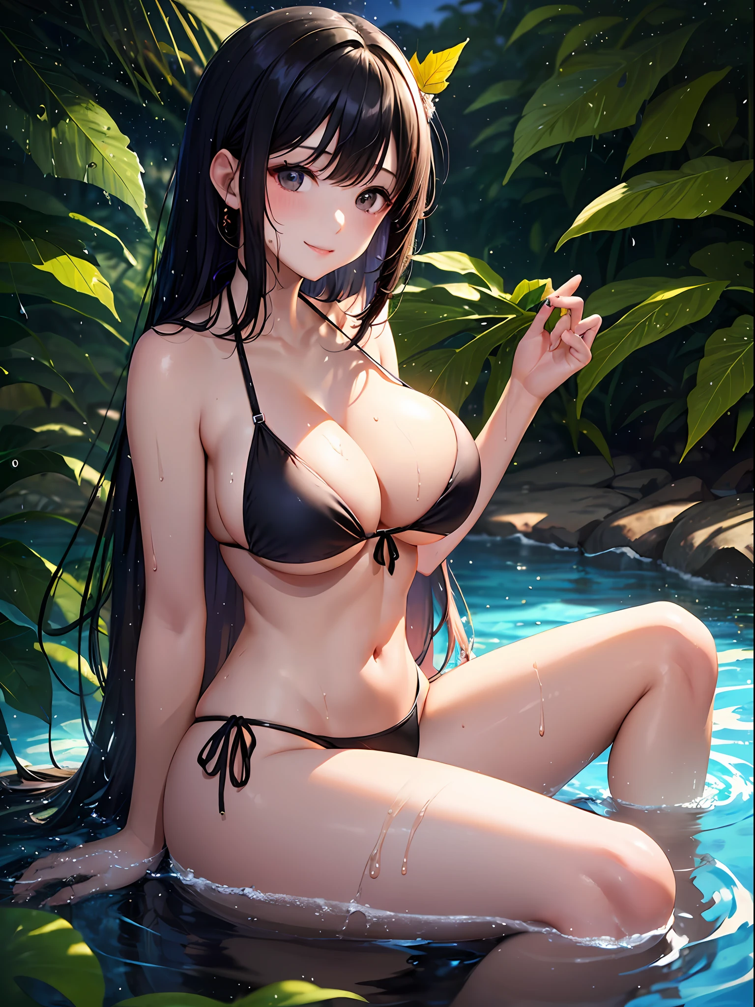 (top-quality: 1.3), (​masterpiece: 1.3), (The ultra-detailliert: 1.3), (wall-paper, one girls)、(Perfect beautiful black bikini:1.5)、(A dark-haired:1.3)、Longhaire、poneyTail、(Beautiful Large Breasts:2.0)、fullllbody、High-class open-air bath、sky at night、(Colored leaves:1.3)、Lit up、ssmile、Open legs、I don't wear anything but a bikini、Hair is wet、The body is dripping wet、Bikini is wet