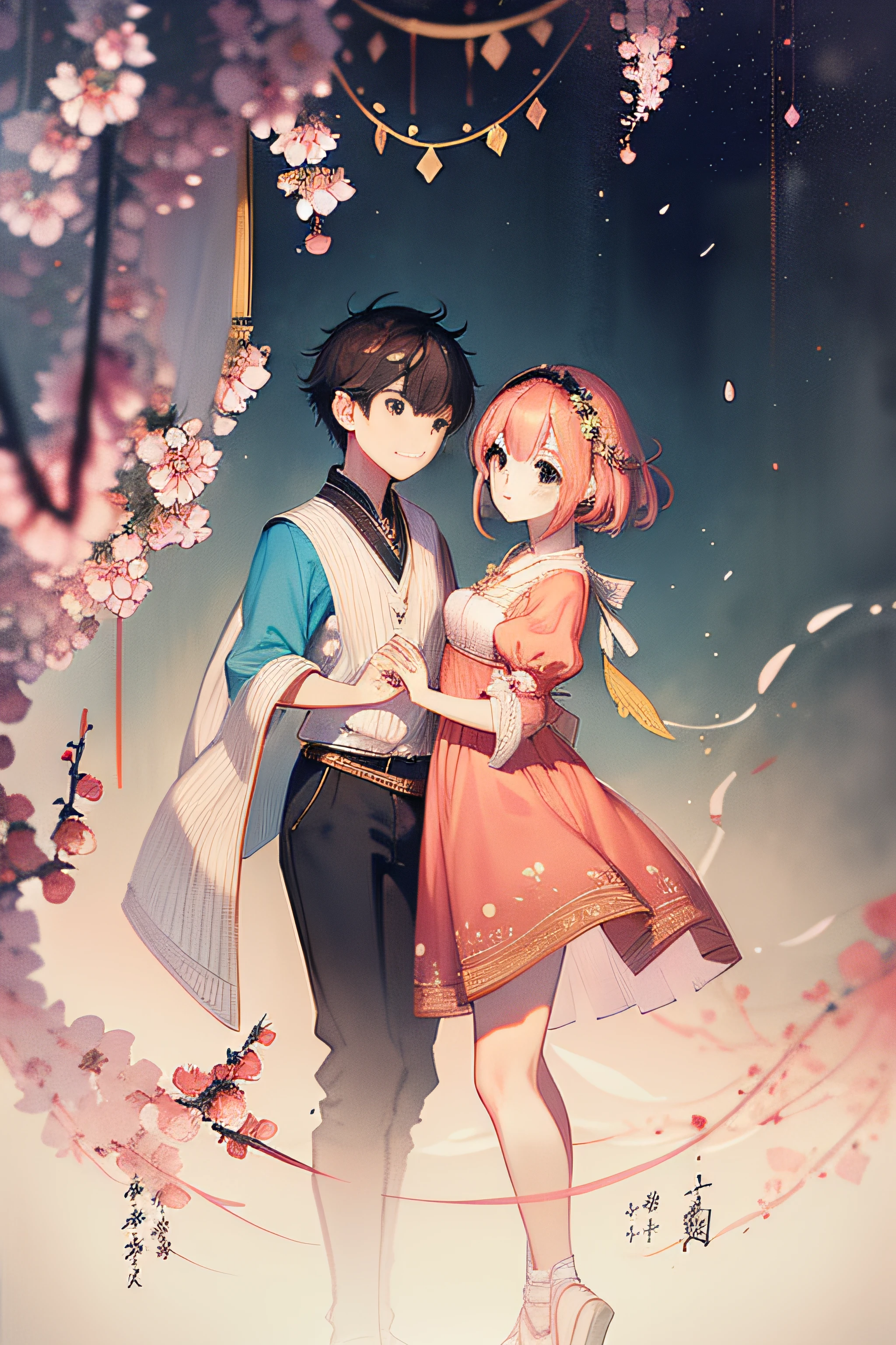Tanabata Valentine's Day poster，Faraway view，National style，Xianxia，An antique couple hugging on the bridge，Sword Three Styles，There are moons，petals，（yellow tint），Clear details，8K，k hd，Best quality at best（tmasterpiece，top Quority，best qualtiy，offcial art，Beauty and aesthetics：1.2），Extremely detailed，（s fractal art：1.3），Extremely colorful，Most detailed
