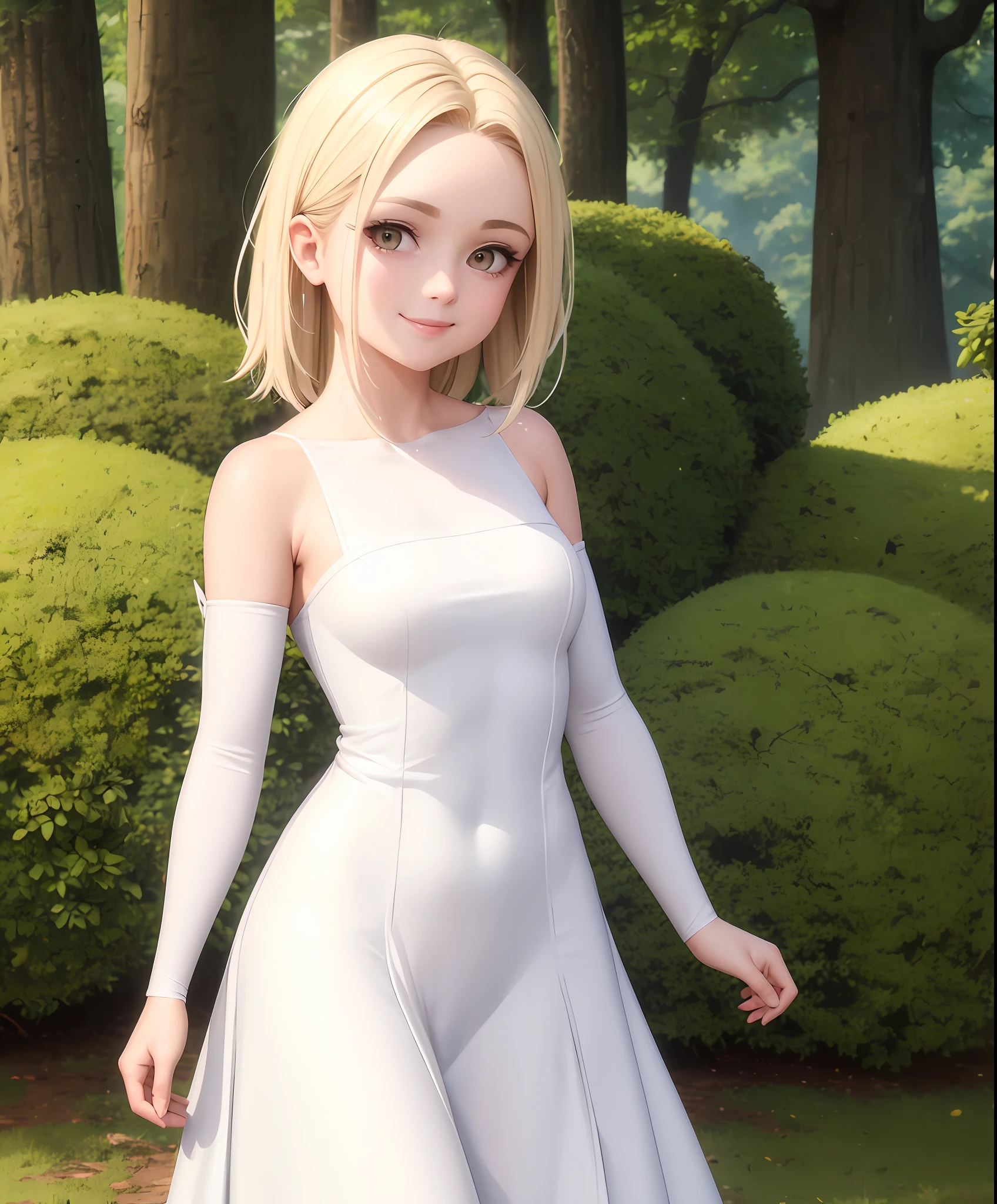 masterpiece, best quality, sdsElaine, white dress, bare shoulders, detached sleeves, upper body, looking at viewer, smile, standing, forest