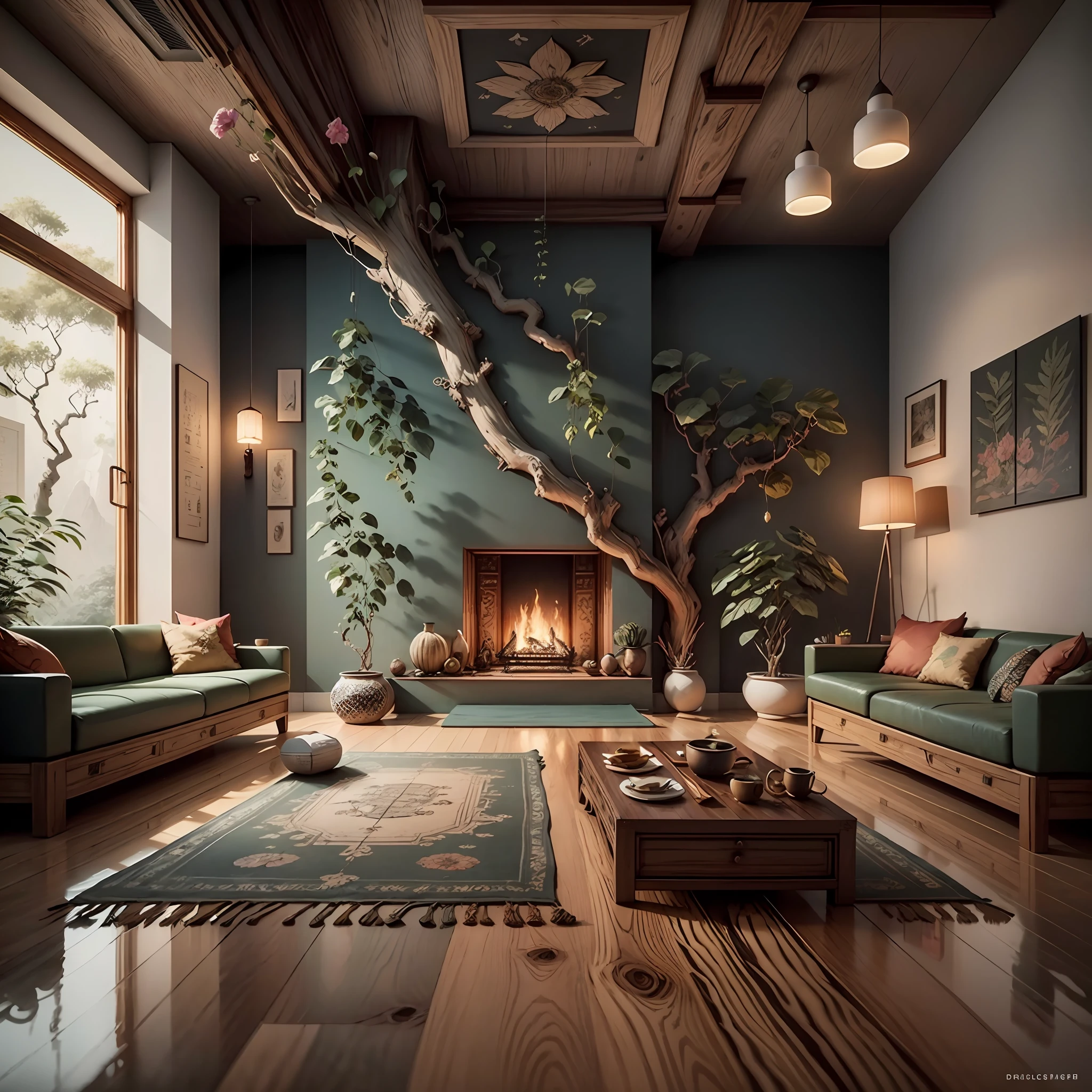 interior design, living room, using the following materials in a harmonious and coherent way with an original style, a zen touch blending stumps, cgi, epoxy, fire, glossy, amber, amethyst, damascus titanium, magma, oak wood, wooden, voxel, planks, 4k, far shot, dramatic lighting, dual lighting, brutalism, color field painting, hyper realism, hypermaximalistic, intricate maximalist, junglecore, biophilic design, modernismo, naturalism, prehistoricore, tropical, zen, biophilic interior design, boho interior design, industrial interior design, minimal interior design, moorish interior design, moroccan interior design, neolithic interior design, valley background penthouse highres