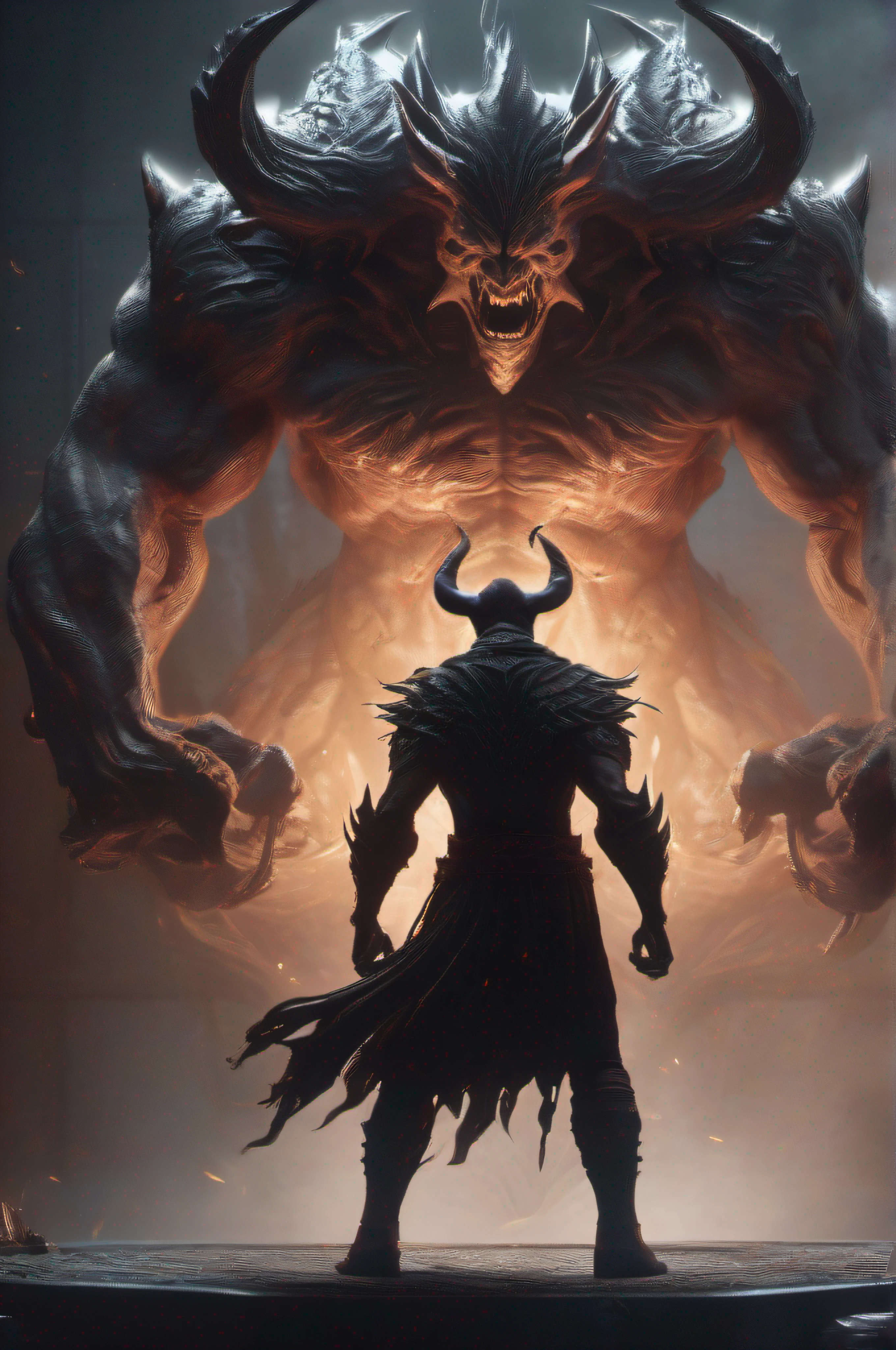 demon with a dynamic pose, strikingly attacking the viewer, rendered in Unreal Engine, captivating character concept, set against a dynamically detailed background, creating a mesmerizing 4k wallpaper with intricate dark fantasy artwork, soft natural volumetric cinematic perfect light, chiaroscuro, award - winning photograph, masterpiece