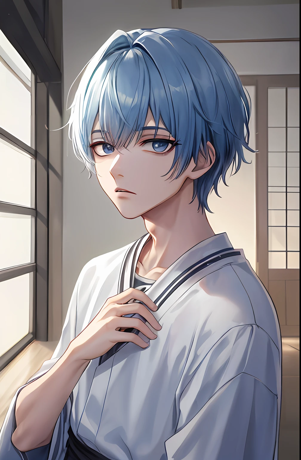 kk, melhor qualidade, mais detalhes, obra-prima, 1boy, kaneki ken, retrato, foco masculino, olhos vermelhos, solo, franja, olhando para o espectador, capuz de cor Azul, cabelo curto, sol, tokyo tokyo \(cidade\), capuz, nail polish, cabelo branco, luxuoso, 8k, detalhado, ray tracing, profundidade de campo, cinematic lighthing,