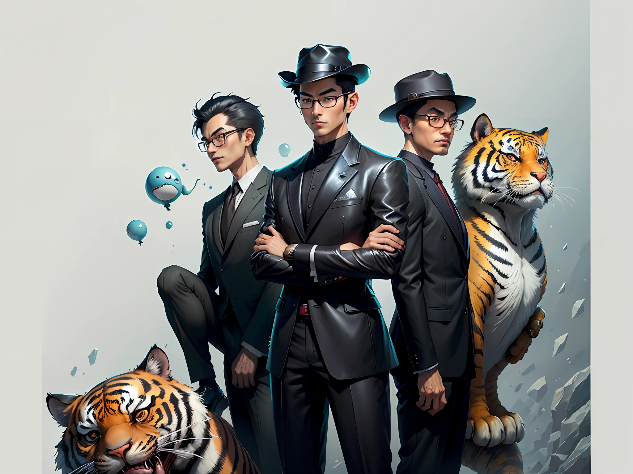 Young man with oriental face in leather hat, tiger, oriental face in formal suit, short black hair, silver glasses, digital painting, 3D character design by Mark Clairedon and Pixar and Hayao Miyazaki and Akira Toriyama, the illustration is a high-definition illustration in 4K resolution with very detailed facial features and cartoon-style visuals.