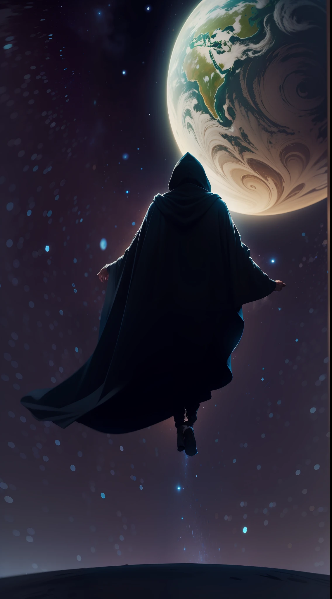 silhueta preto, a man on his back in a hooded robe flying over the earth at night, universo, noite