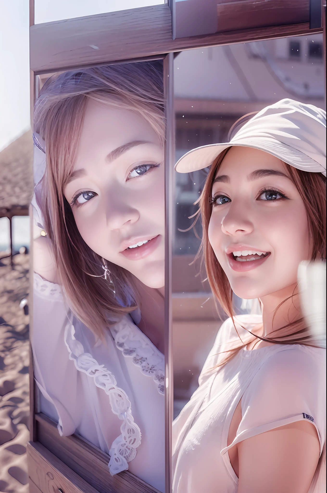 The upper part of the body、from the chest up、Beauty in return、Gravure photographed by Norinobu Shinoyama、Full Background、Poses、life、a smile、Japan Beautiful Girl、Photographic portrait of beautiful women, Sony α7, 35mm Lens, f1.8、Radiant_Rhythms: 1.5, realistic bikini, beautiful woman, Beautiful girl, beautiful seaside, charming girls, realistic 3d style, photo realistic render