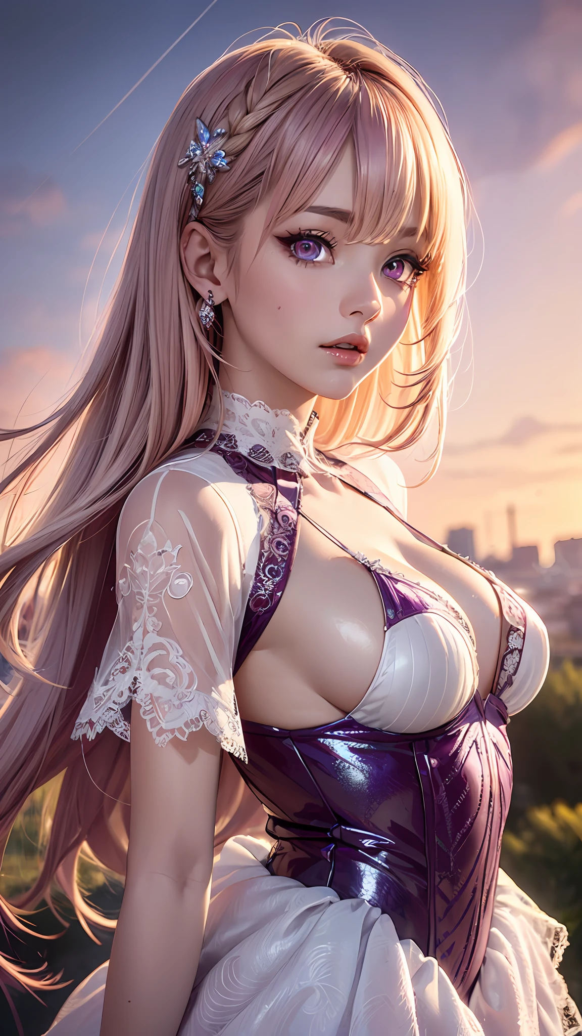 Realistic, Hyper Detail, Girls Only, Layered Bob, Dynamic Lighting, ((Bold imaginative pose)), (Glossy skin: 1.5), Masterpiece, Top Quality, Absurdity, Watching Viewer, (Blonde and Pink Hair), deep Purple Clear Eyes,((Beautiful, detailed eyes, jewel-like eyes, colorful eyes, sparkling eyes:1.3)), Slender, High Resolution, Sharp Focus, Depth of Field, Detail Eyes, Sharp Eyes, (Realistic Eyes)), outdoors, sunrise sky, (attractive delicate design river trimmed lace dress, (intricately patterned lilac sexy armor wearing): 1.3))