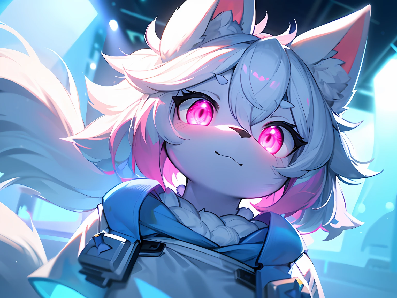 hairy pubic，White fur，hyper cute face，Light blue element on fur，Glowing pink eyes，White T-shirt，Beautiful lights and shadows，ambient lights，Ultra-fine fur，volumettic light，busts