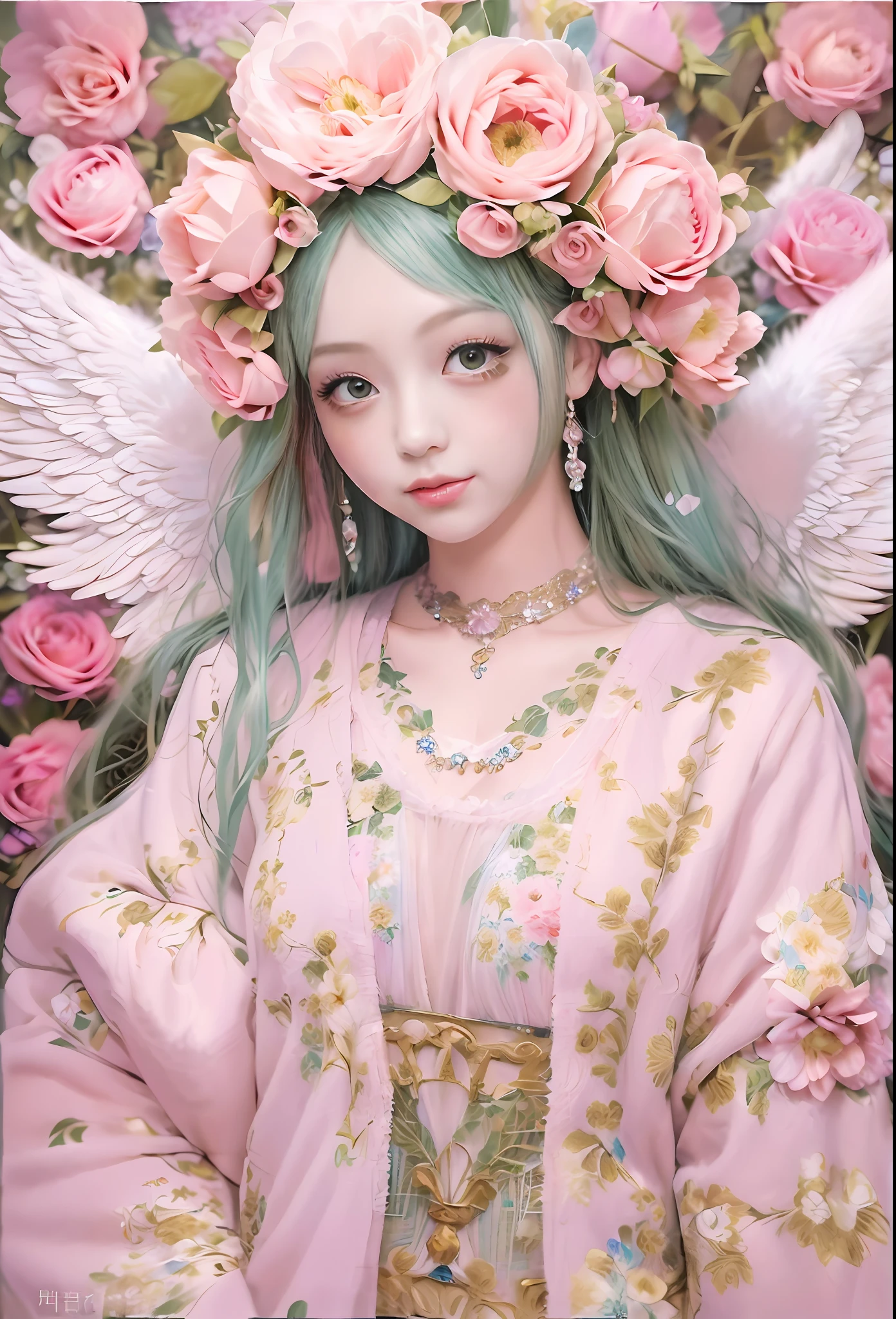 kawaii、Pale pink color illustration、(Angel wings、😇、a smile、😌🥰Archaic Smile).hyper realstic、Ultra-realistic、Depiction of the human body without distortion、Monna Lisa、Woman in the Arms、Near and far law、Three-dimensional、Contemporary painting、moderno、world masterpiece、collection、Homage to the art or artist work of Picasso and Renoir, Not sentimental、Excellent portrayal、Gentle expression、More detailed character faces, Serious competition、Compositions like paintings、(Konmutsuki_Gacha_Series 1, punk_rosette), Realistic、Delicate brushwork、aqua color flowers, (Full body, elegant flowers background)