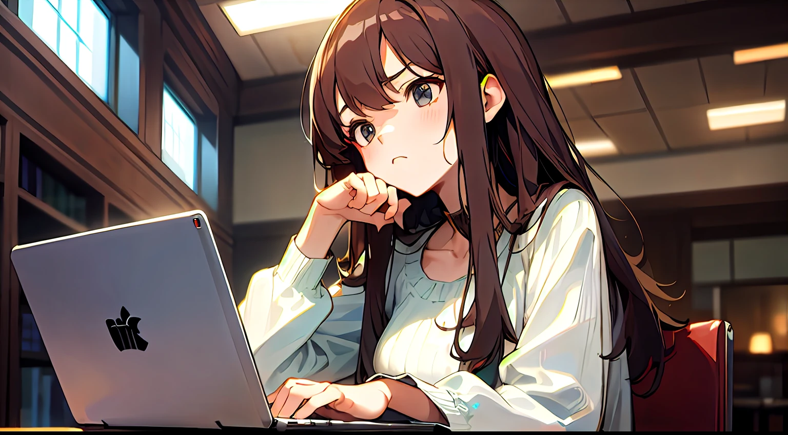 early evening、Indoor Coffee Stylish、Adult woman in anime using laptop((Using a laptop on the table))、25-years old、Upper body, mid-shot, femele, Detailed eyes, ((Beautiful woman using laptop)), ,Semi-long hair, Brown hair, Bangs,Everyday clothes、Clothes without a collar、Fashionable、Long sleeves,、frontage、 Troubled face、pondering、look up at the ceiling