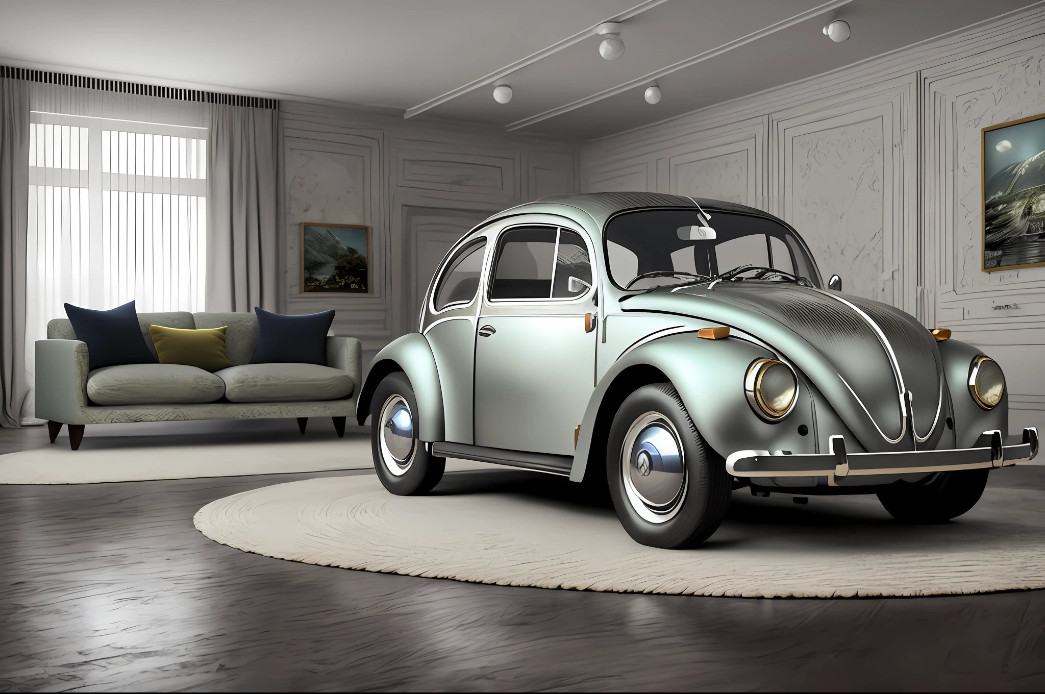 The Arafid Volkswagen Beetle stops in the living room with a sofa, beetle-inspired, hyper realistic rendering, Beetle, hyper realistic detailed rendering, hyperrealistic 3 d render, photo realistic render, 3 d hyper realistic render, photoreal render, super realistic render vray, hyperreal rendering, highly detailed 3d render, highly detailed 3d render, hyper realistic rendering