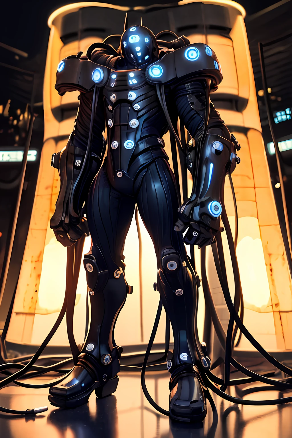 (（1mecha\）)，gantz:0 Armor，Group H，(Wear a helmet on your head)，(((There are countless cables behind the helmet，The cable hangs on the ground，The blue light limiter on the cable flashes，Round limiters all emit blue light)))，best qualtiy，realisticlying，realisticlying，award-winning illustrations，（complexdetails：1.2），（finedetail），（complexdetails），（电影灯光，Best quality backlight），清晰的线条，Clear focus，offcial art，Unity 8k壁纸，absurderes，Incredibly Ridiculous res，hugefilesize，Supergianthugebreasts（In_Main_street：1.21），（neonlight），Fantasyart，RTX，（（Triangle close-up photos were taken by an award-winning studio））generated，shelmet，eBlue eyes，Blue limiter，neonlight，Beautiful glow，cyber punk perssonage，scientific fiction，mechs，，Powerful dynamic posture，（Hand-held laser gun：1.3）